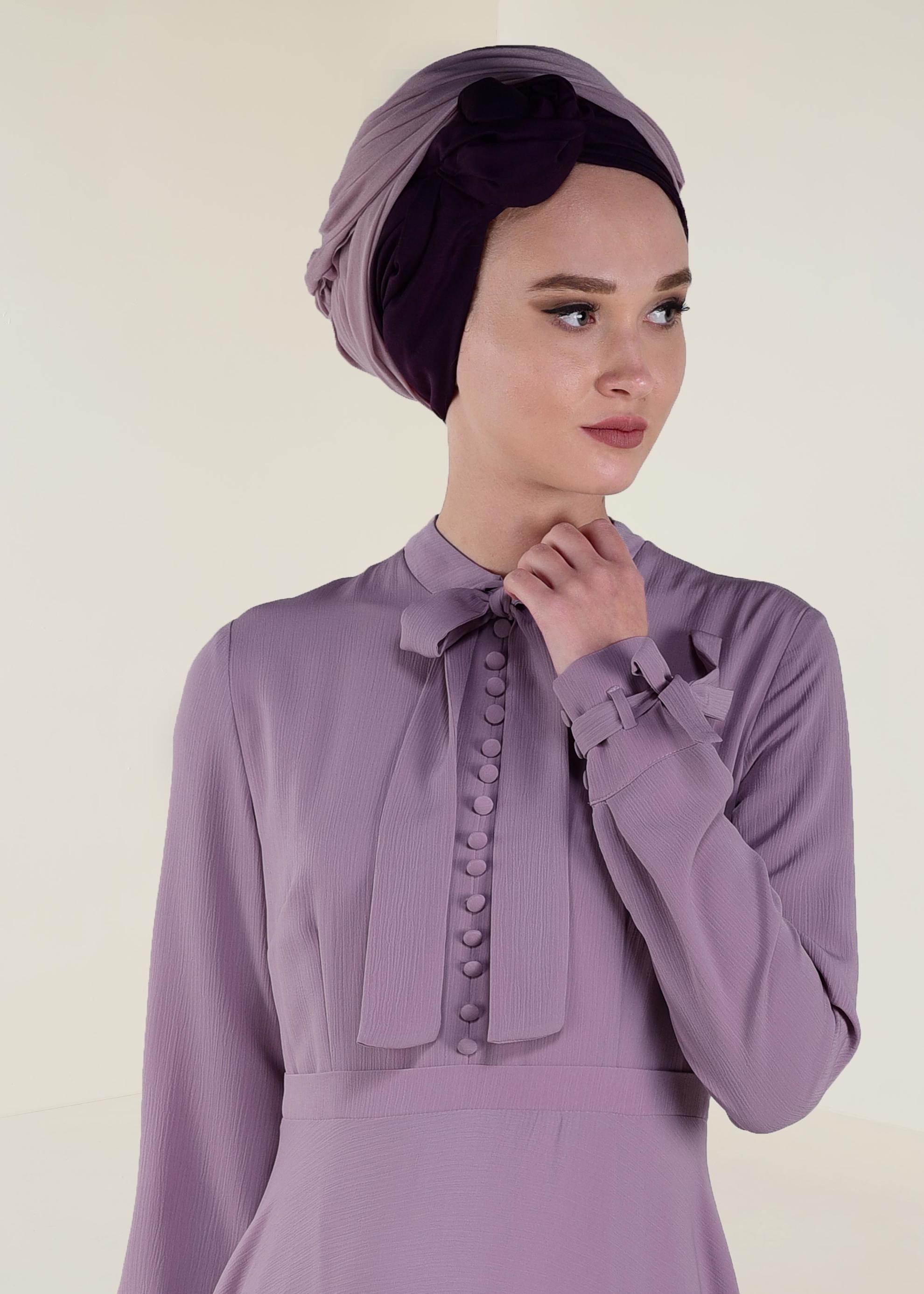 Tesettür giyim PEMBE YAKASI BAĞCIKLI FERMUARLI ELBİSE 4256