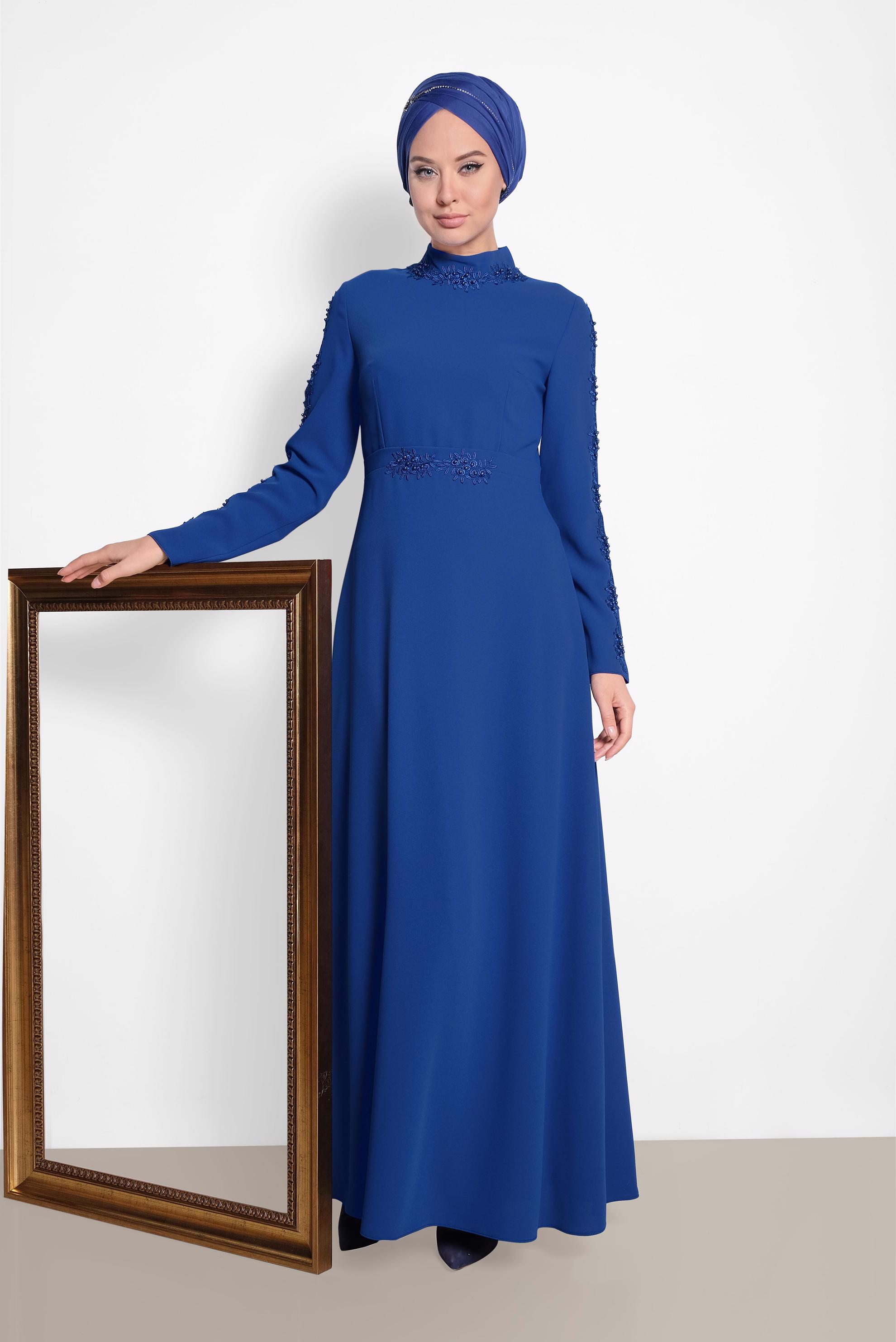 Tesettür giyim LACİVERT GÜPÜR VE BONCUK DETAYLI ELBİSE 4258