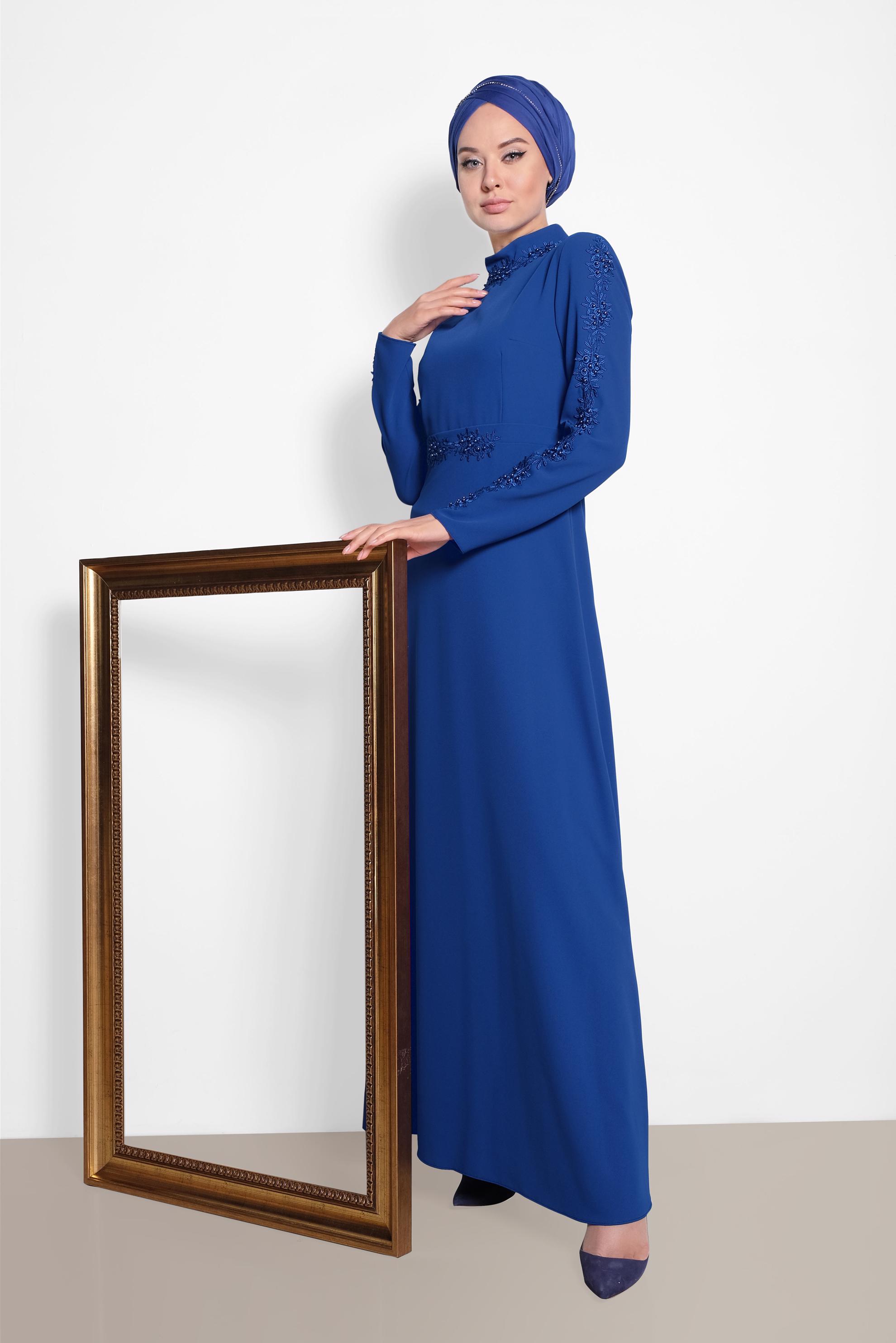 Tesettür giyim LACİVERT GÜPÜR VE BONCUK DETAYLI ELBİSE 4258