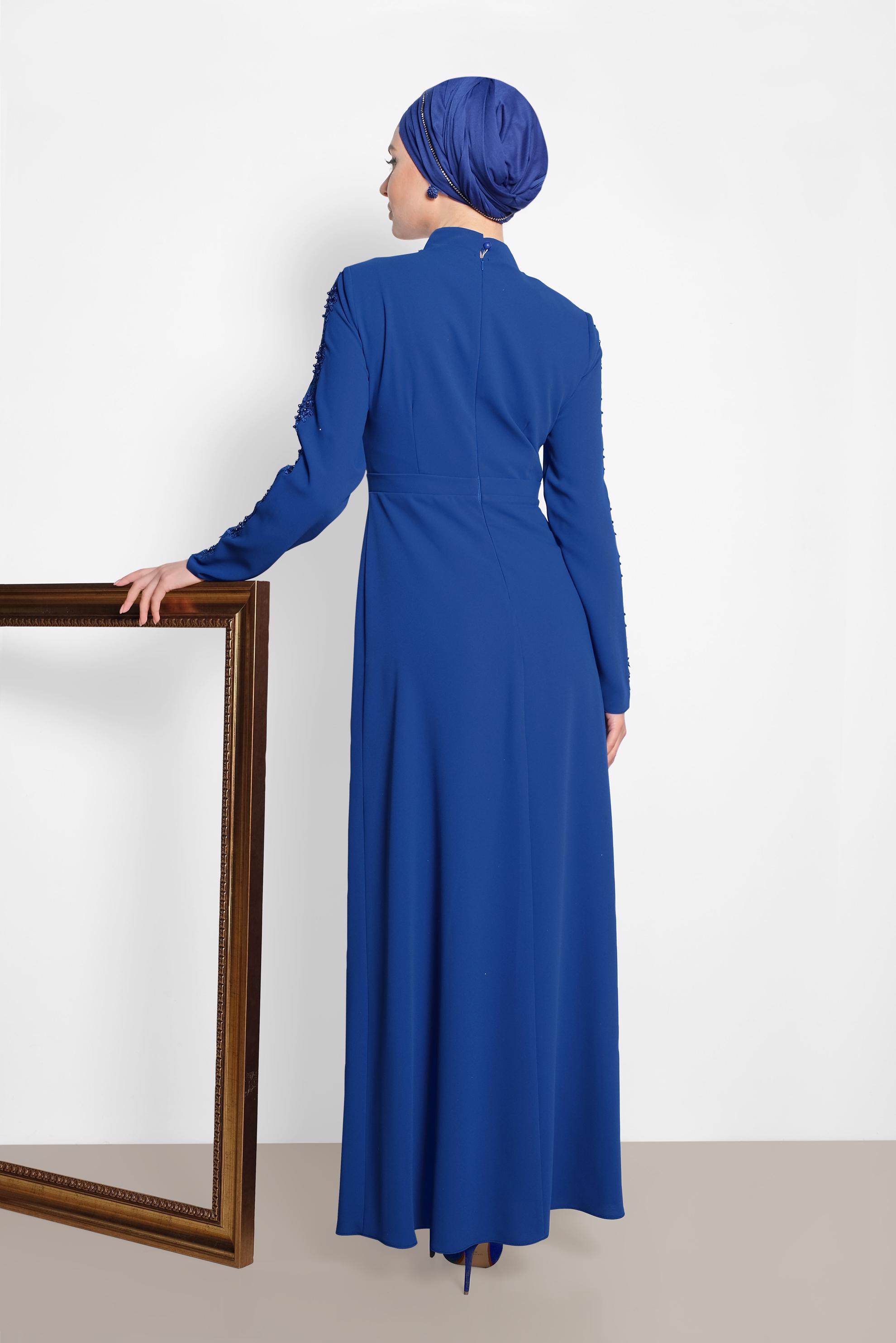 Tesettür giyim LACİVERT GÜPÜR VE BONCUK DETAYLI ELBİSE 4258