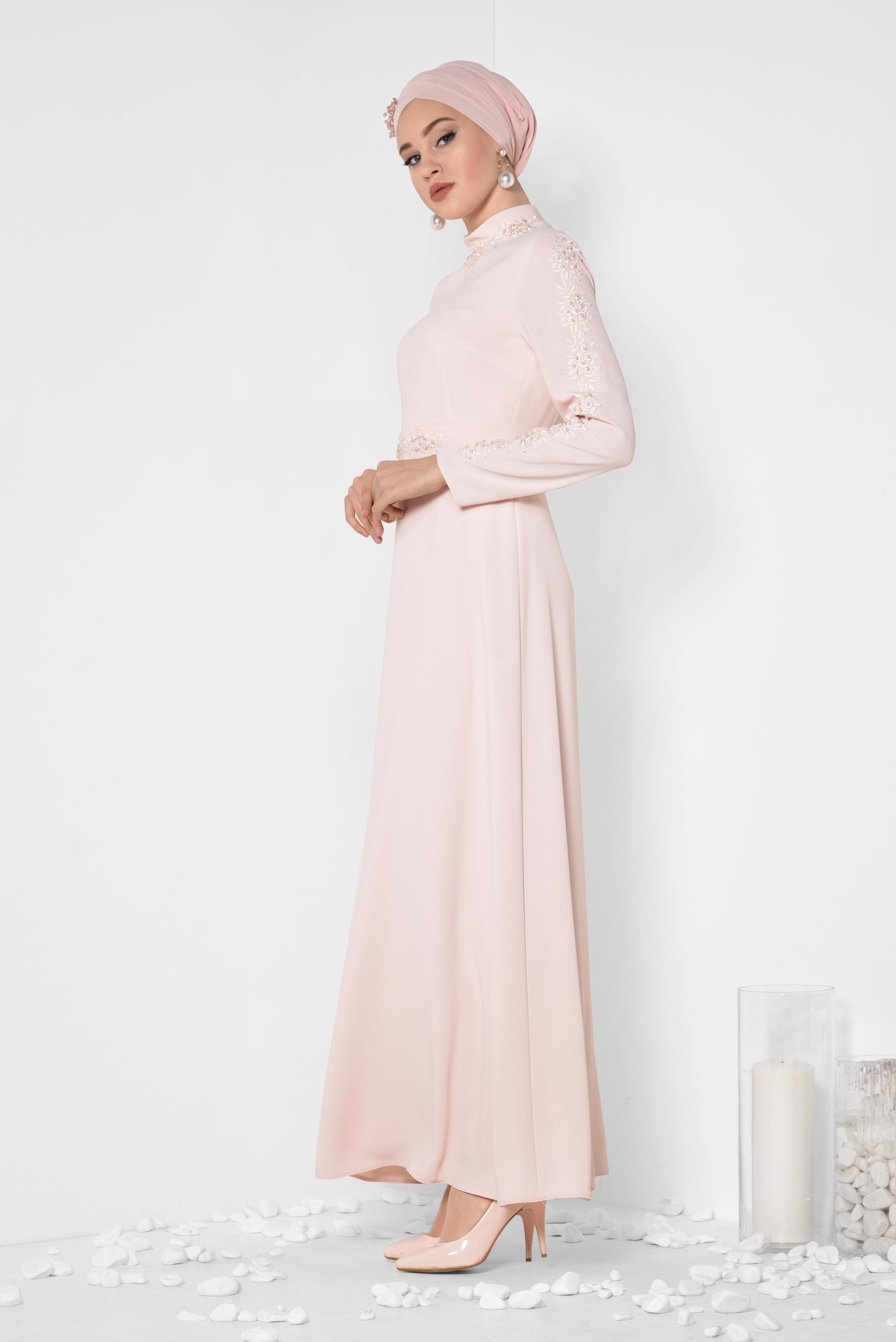 Tesettür giyim PUDRA GÜPÜR VE BONCUK DETAYLI ELBİSE 4258