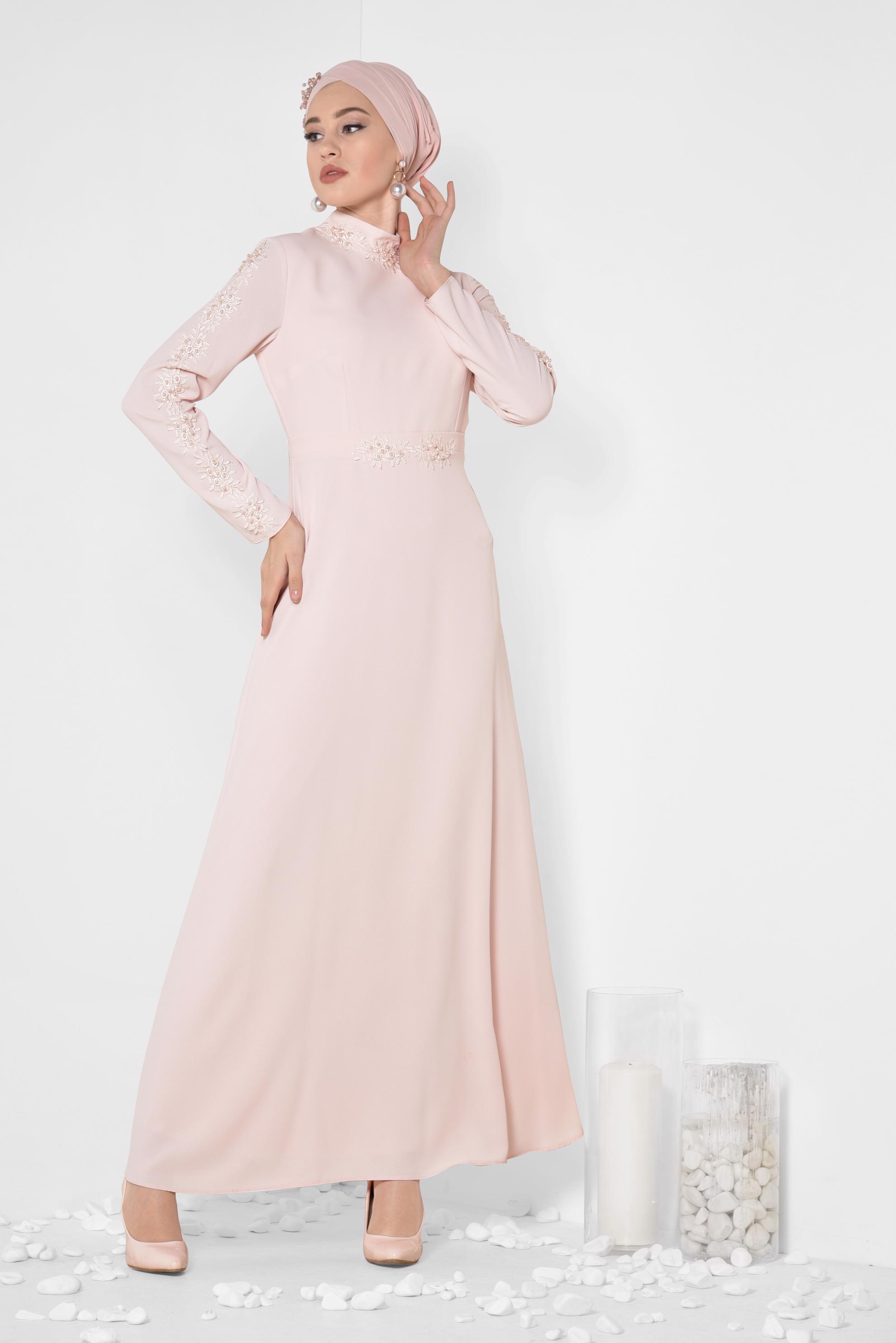 Tesettür giyim PUDRA GÜPÜR VE BONCUK DETAYLI ELBİSE 4258