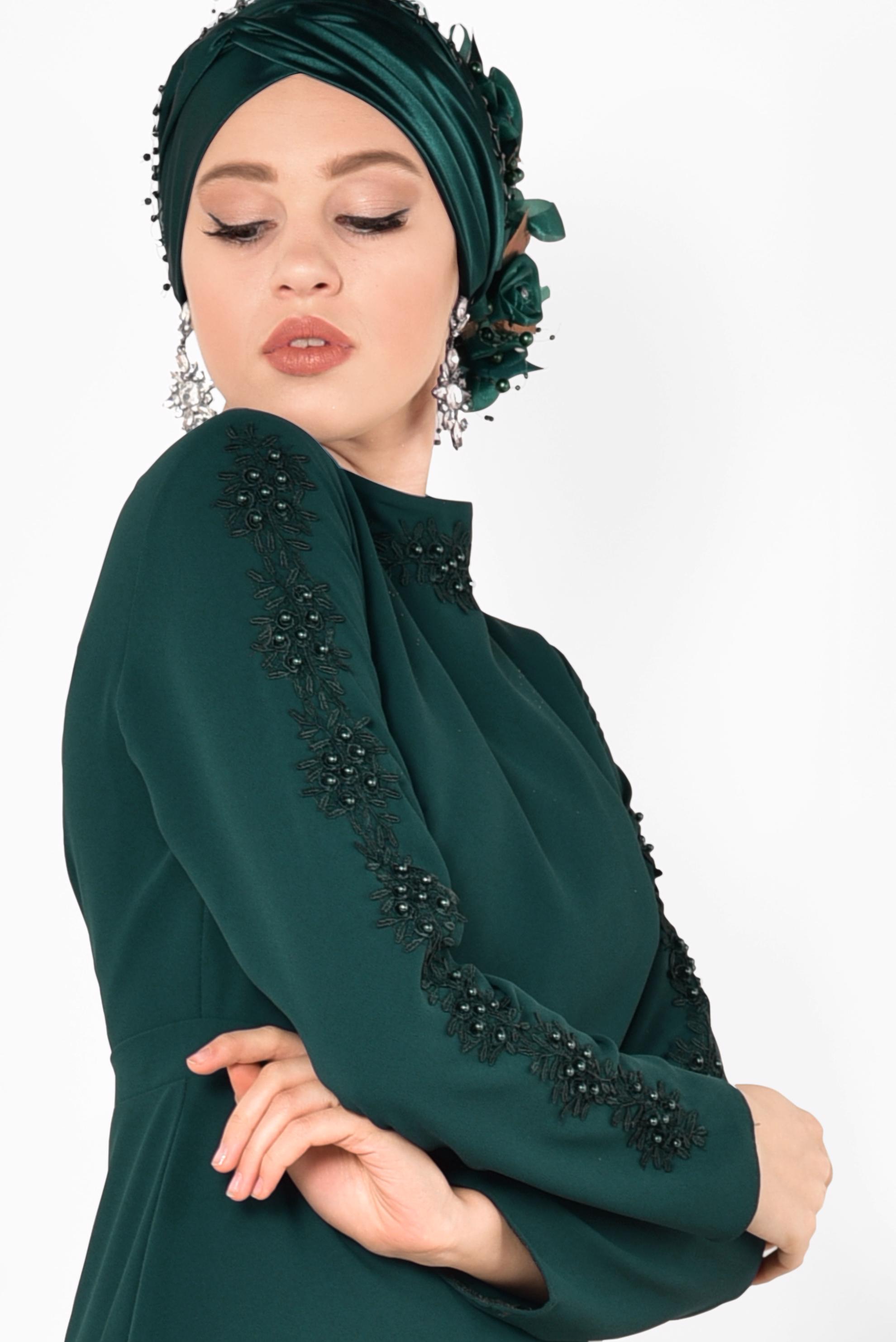 Tesettür giyim YEŞİL GÜPÜR VE BONCUK DETAYLI ELBİSE 4258