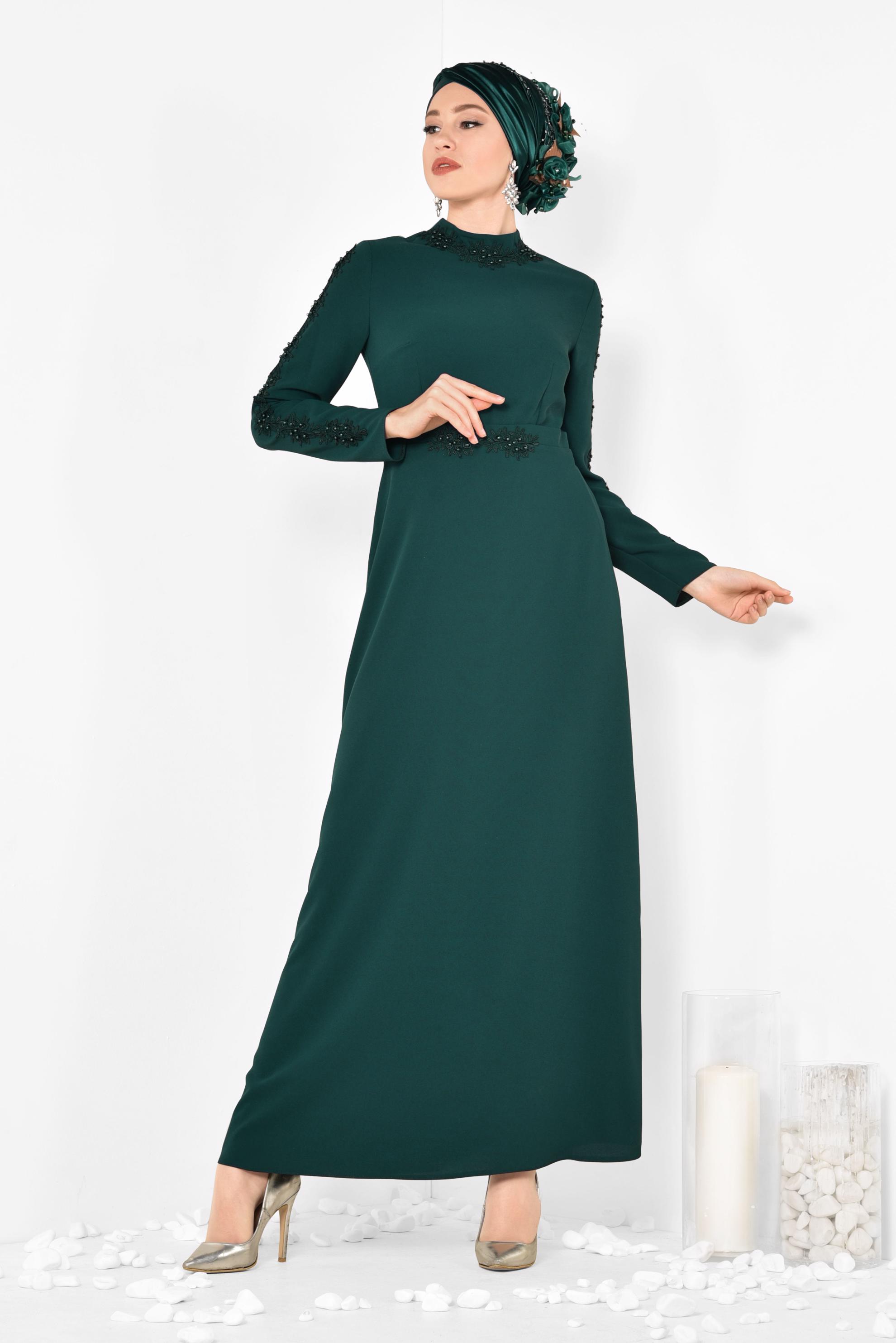 Tesettür giyim YEŞİL GÜPÜR VE BONCUK DETAYLI ELBİSE 4258