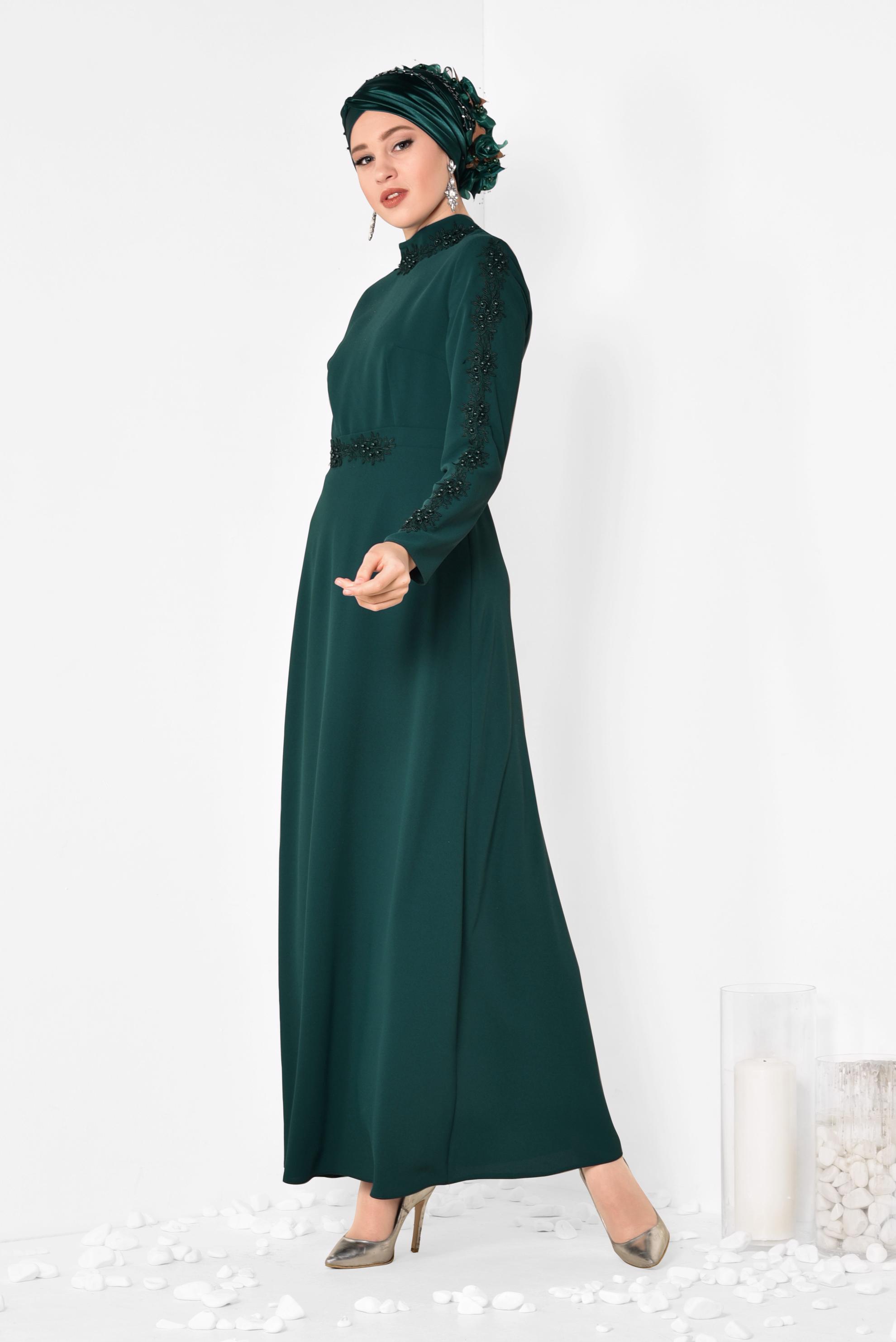 Tesettür giyim YEŞİL GÜPÜR VE BONCUK DETAYLI ELBİSE 4258