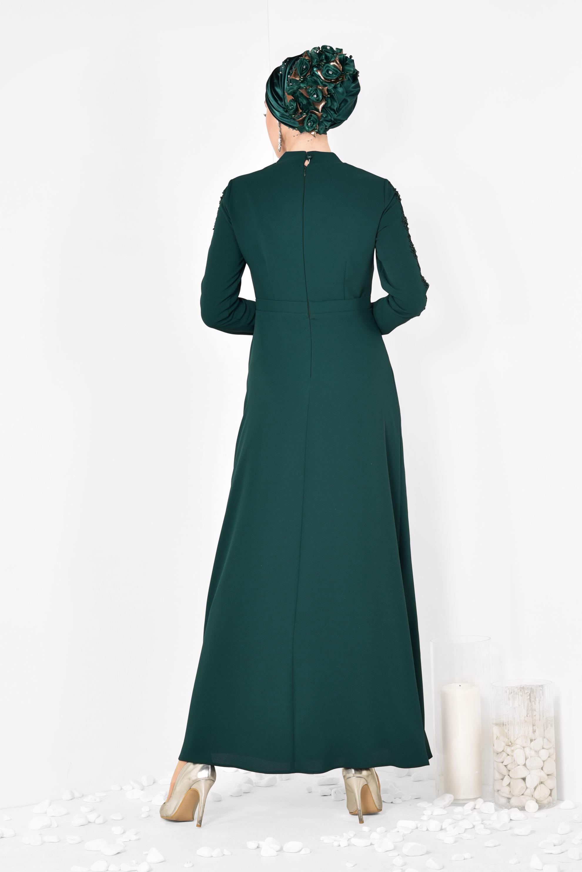 Tesettür giyim YEŞİL GÜPÜR VE BONCUK DETAYLI ELBİSE 4258