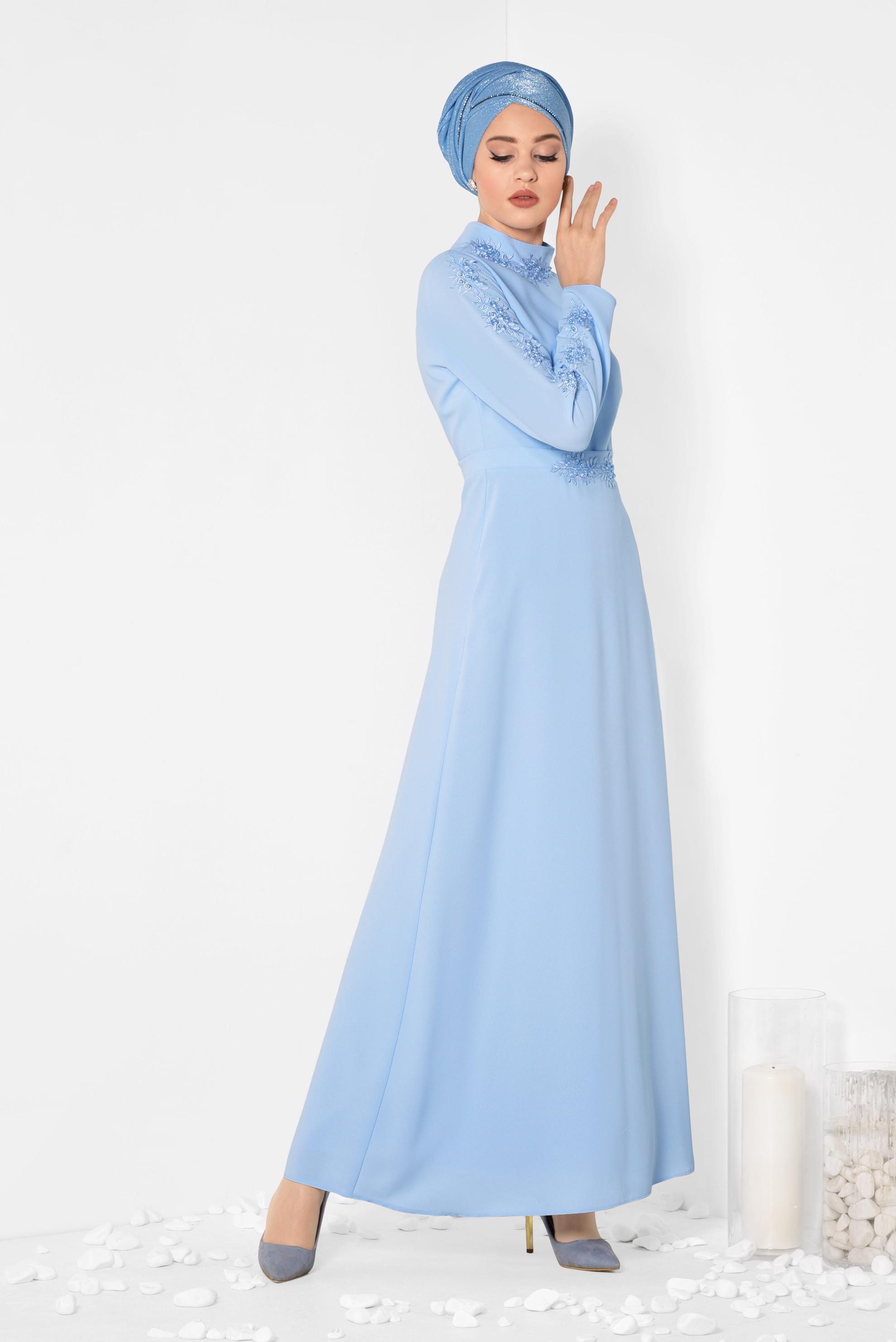 Tesettür giyim MAVİ GÜPÜR VE BONCUK DETAYLI ELBİSE 4258