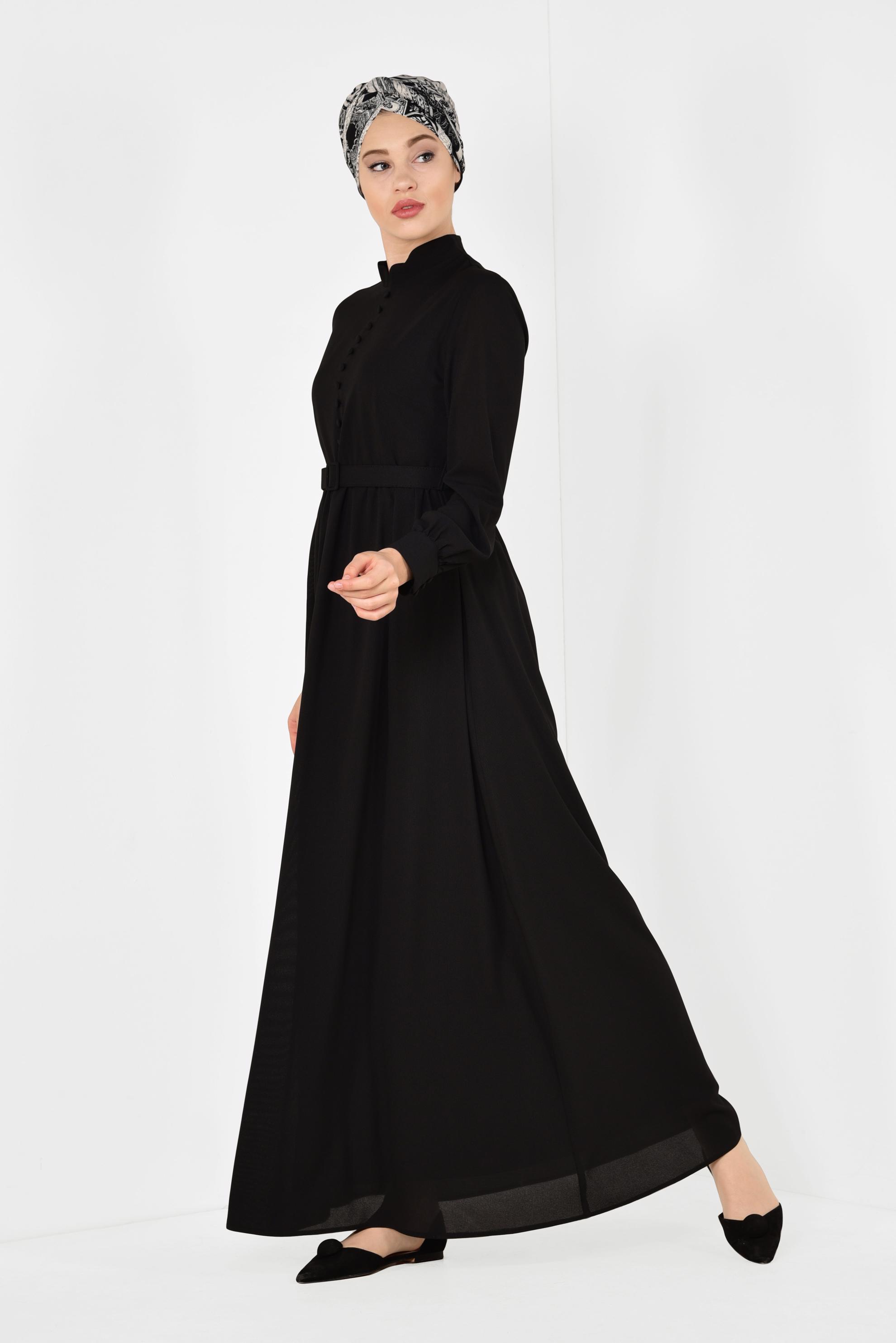 Tesettür giyim SİYAH HAKİM YAKA KEMERLİ ELBİSE 4259