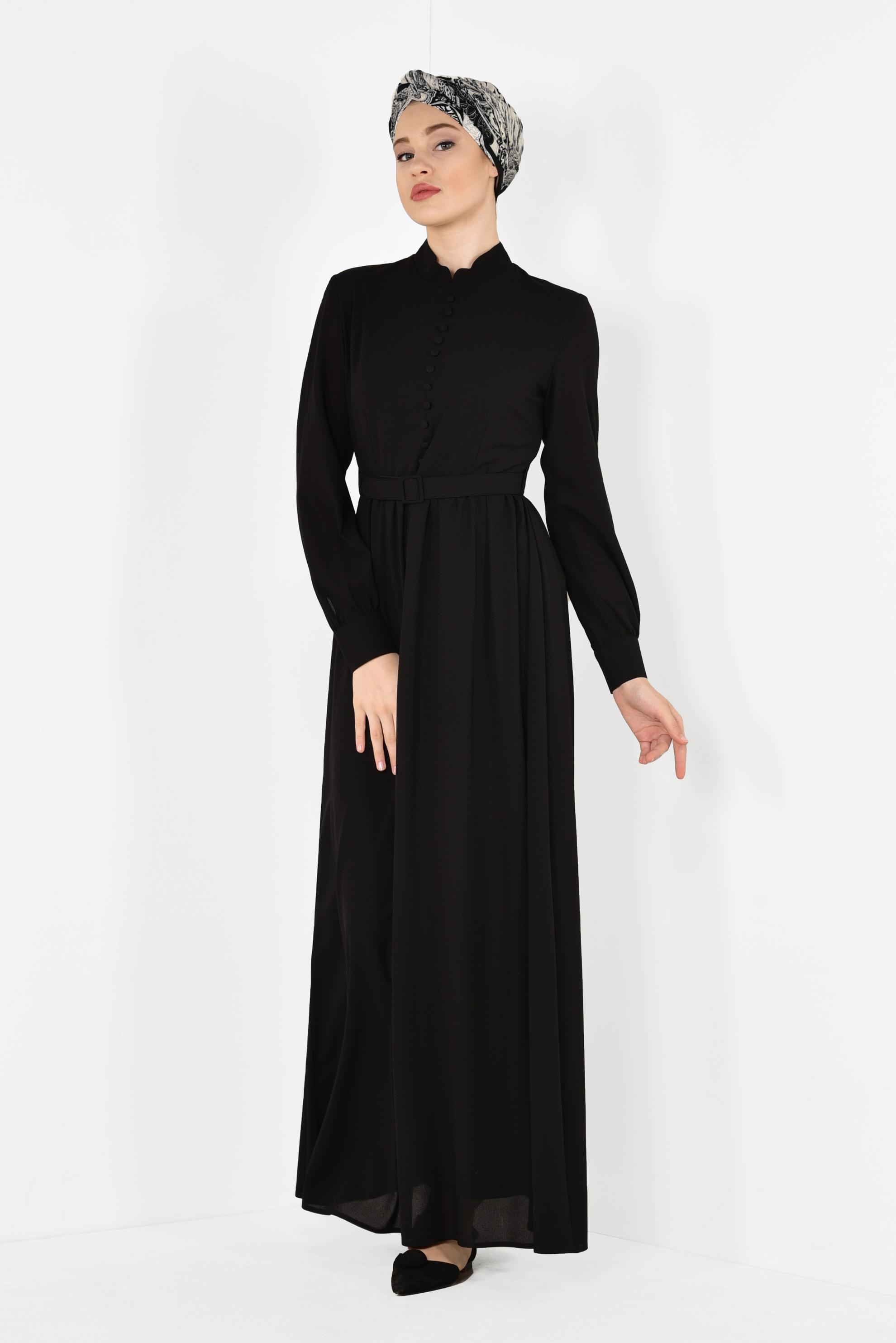 Tesettür giyim SİYAH HAKİM YAKA KEMERLİ ELBİSE 4259
