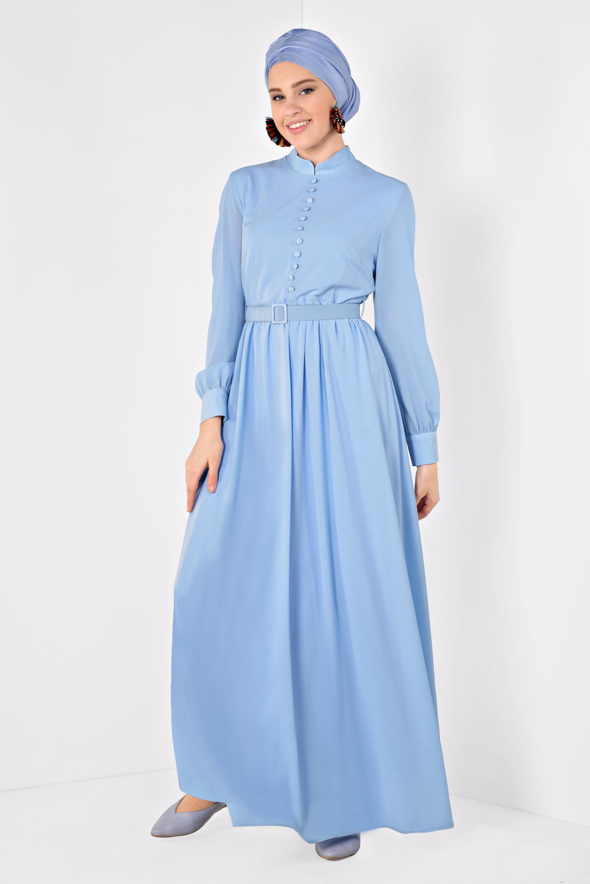 Tesettür giyim MAVİ HAKİM YAKA KEMERLİ ELBİSE 4259