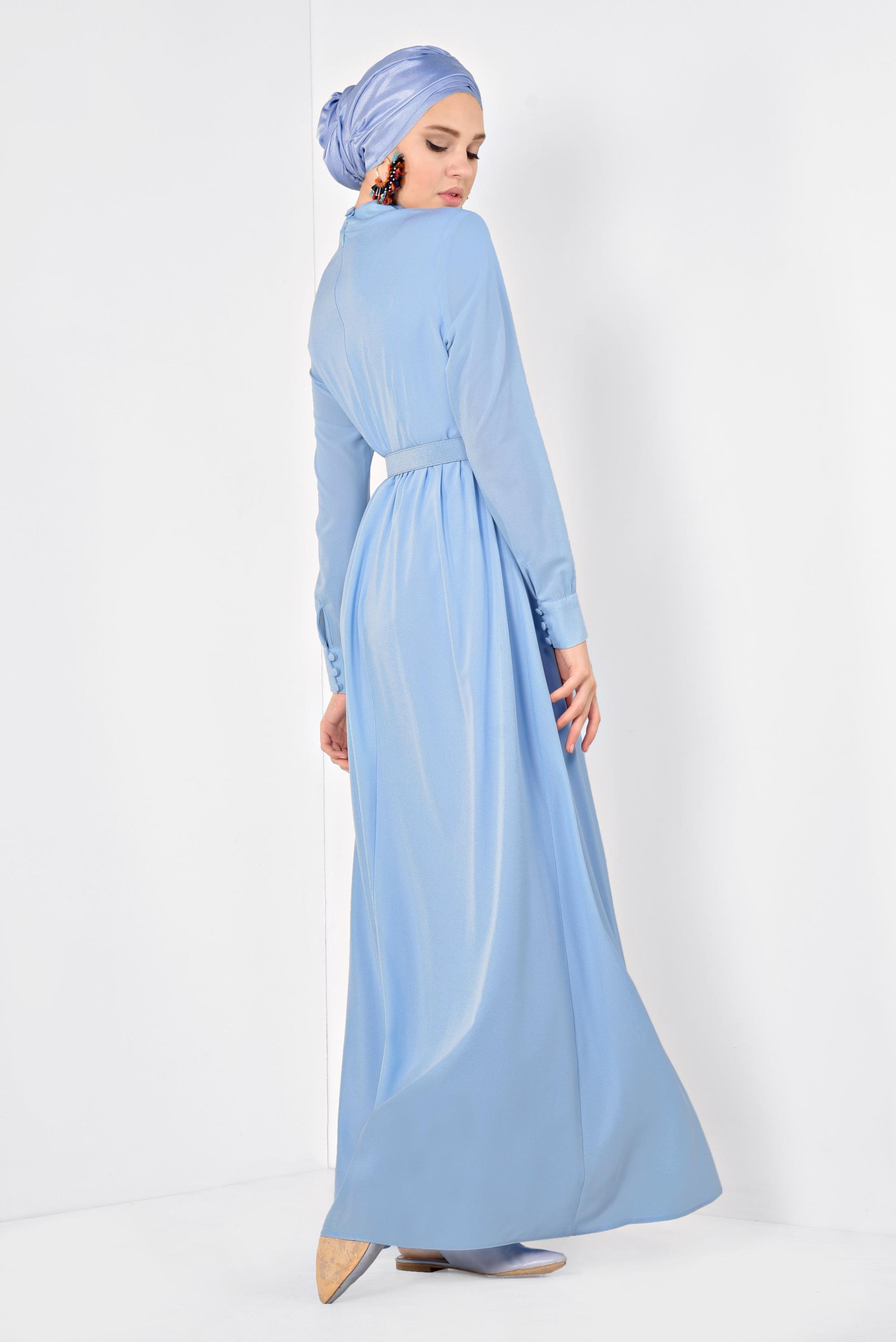 Tesettür giyim MAVİ HAKİM YAKA KEMERLİ ELBİSE 4259