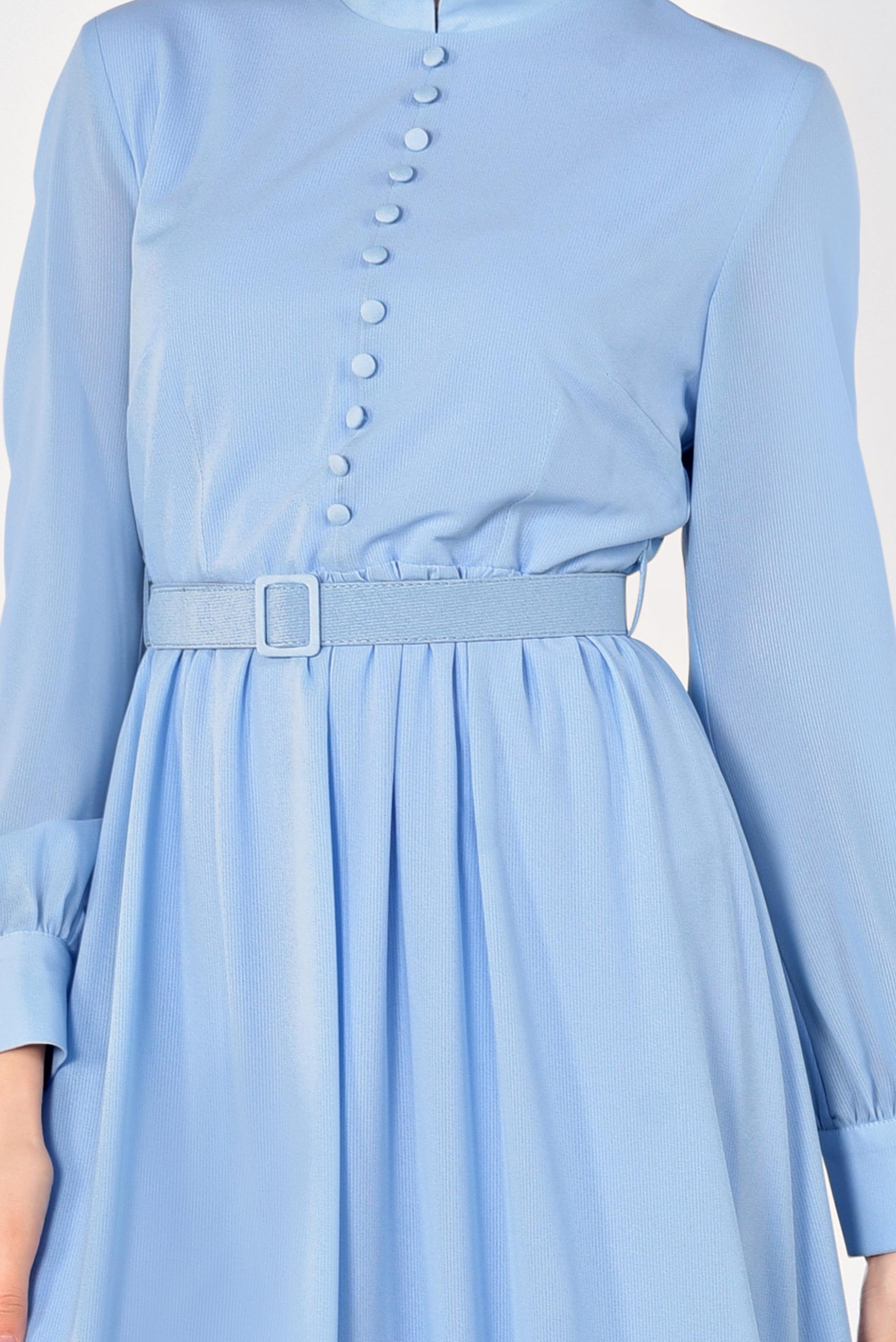 Tesettür giyim MAVİ HAKİM YAKA KEMERLİ ELBİSE 4259