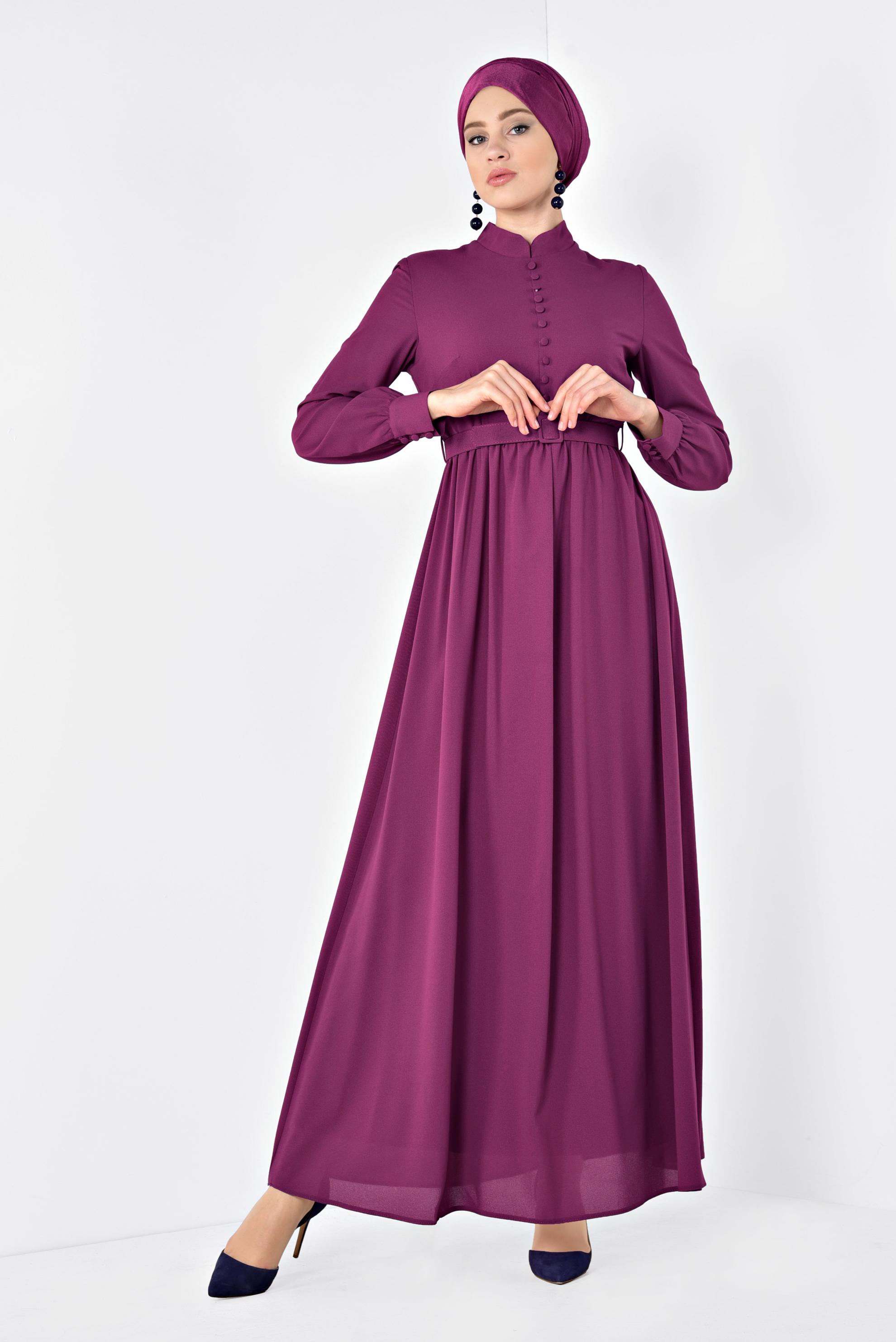 Tesettür giyim MOR HAKİM YAKA KEMERLİ ELBİSE 4259