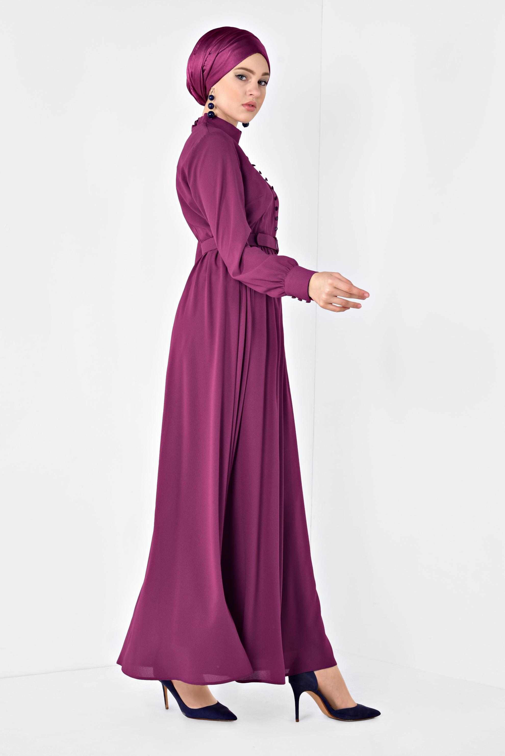 Tesettür giyim MOR HAKİM YAKA KEMERLİ ELBİSE 4259