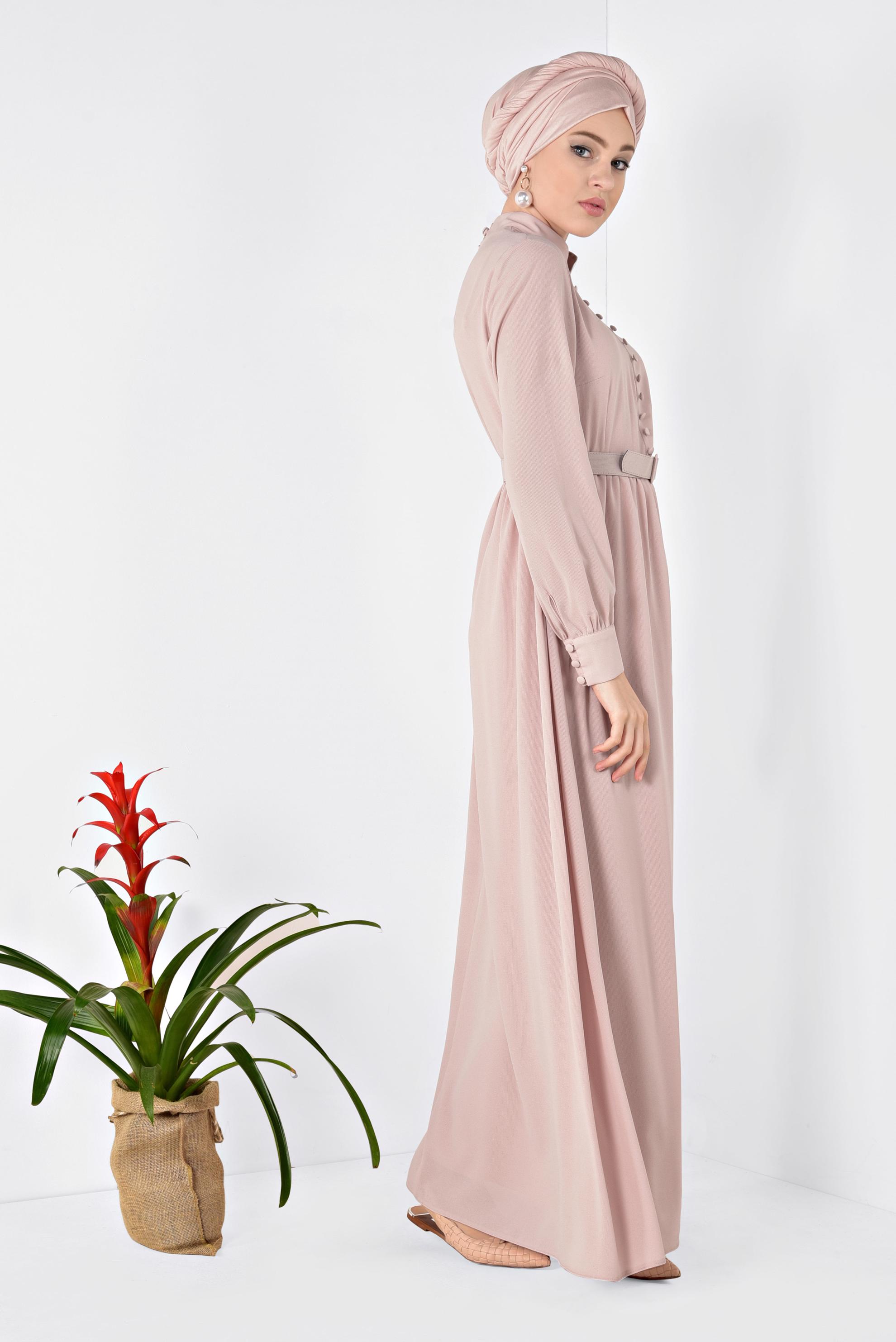 Tesettür giyim PUDRA HAKİM YAKA KEMERLİ ELBİSE 4259