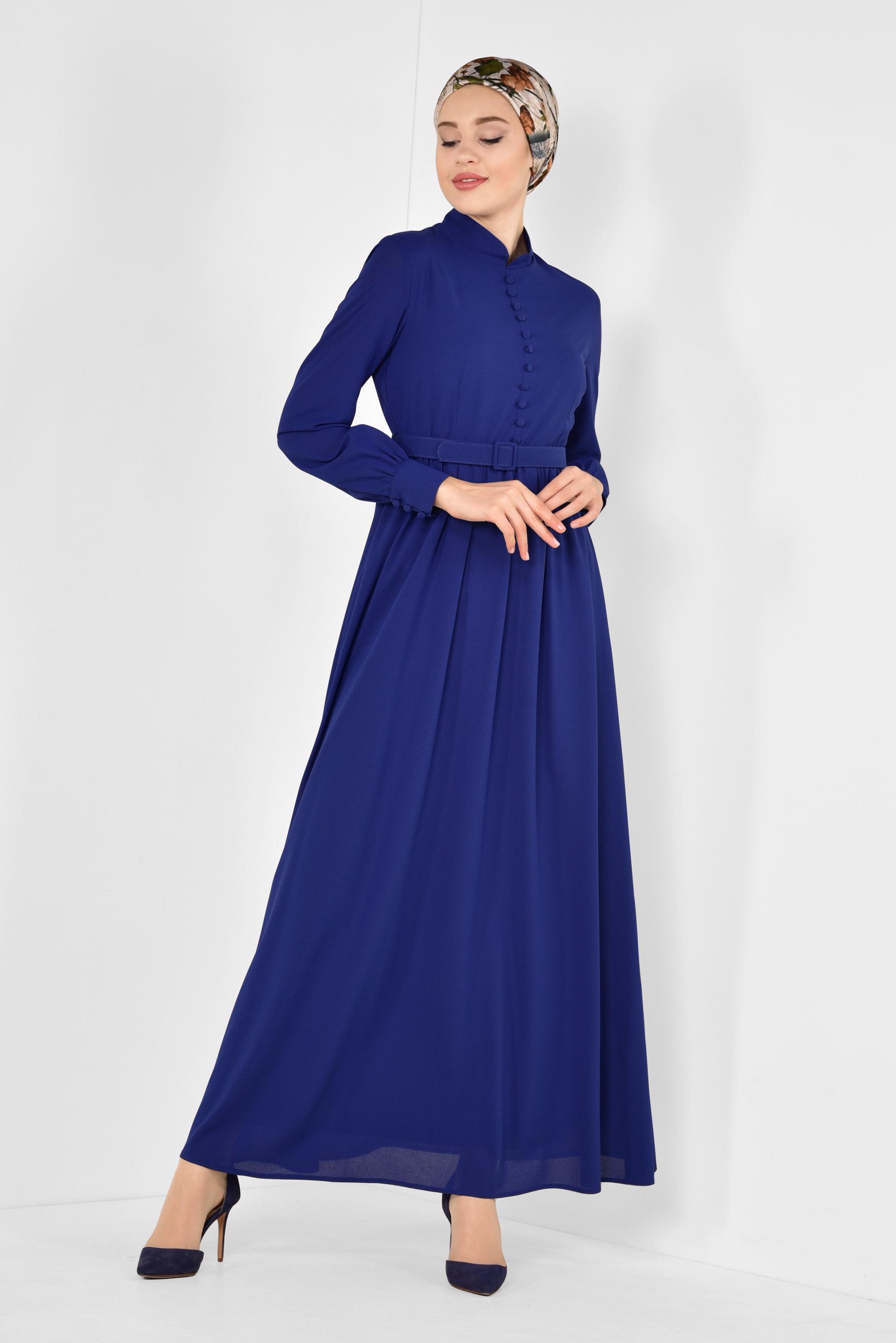 Tesettür giyim MAVİ HAKİM YAKA KEMERLİ ELBİSE 4259