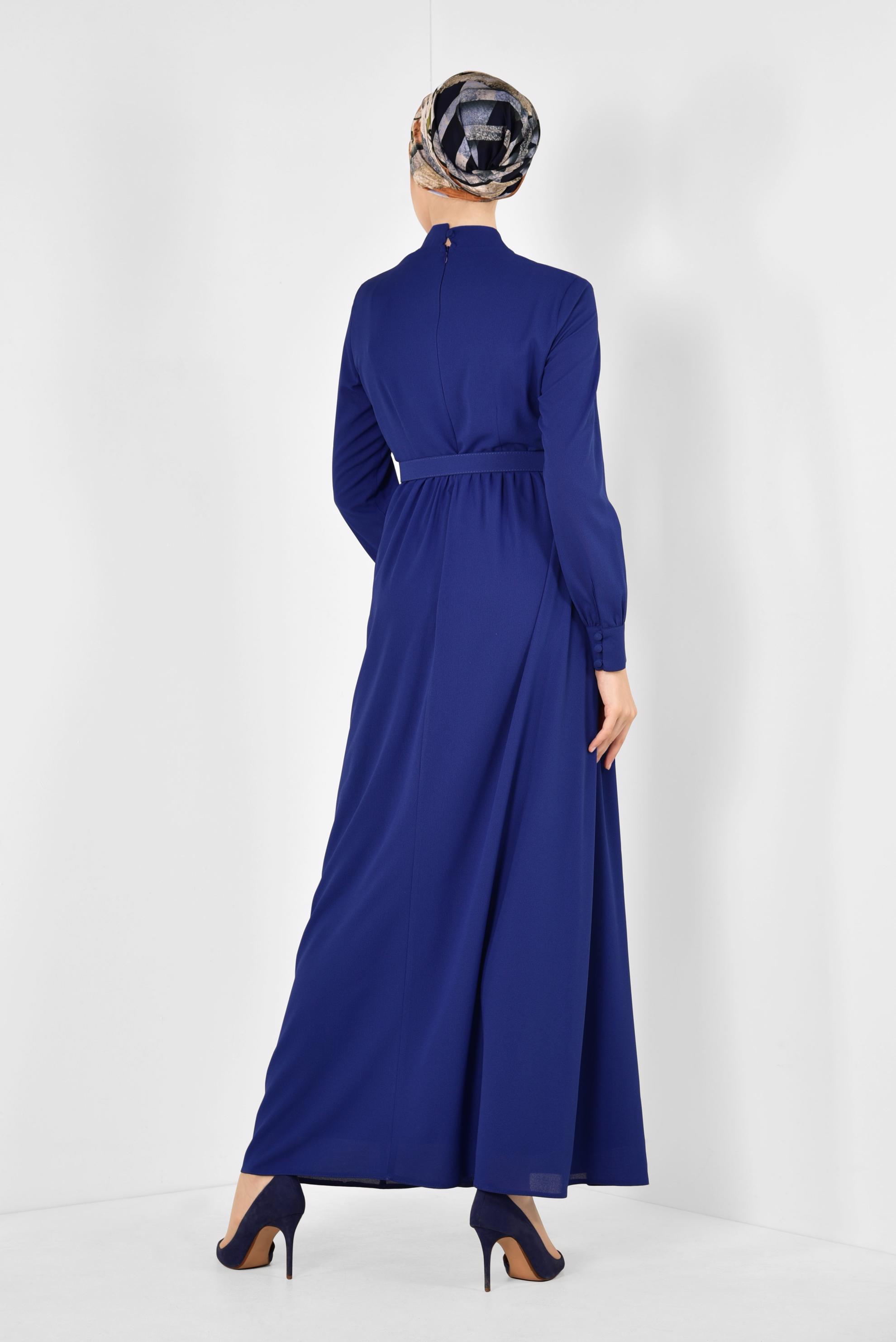 Tesettür giyim MAVİ HAKİM YAKA KEMERLİ ELBİSE 4259