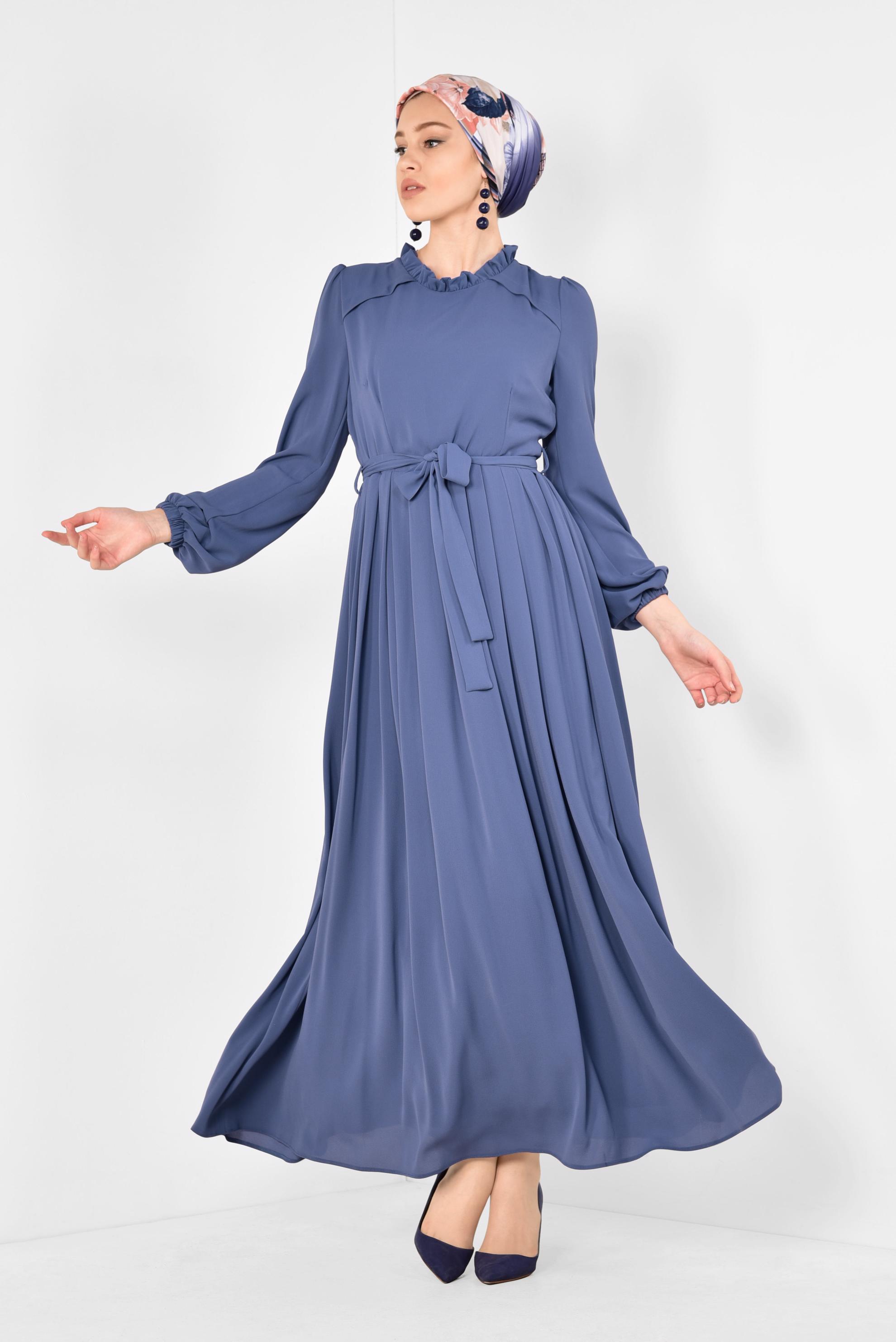 Tesettür giyim LACİVERT PİLİSELİ KUŞAKLI ELBİSE 4261