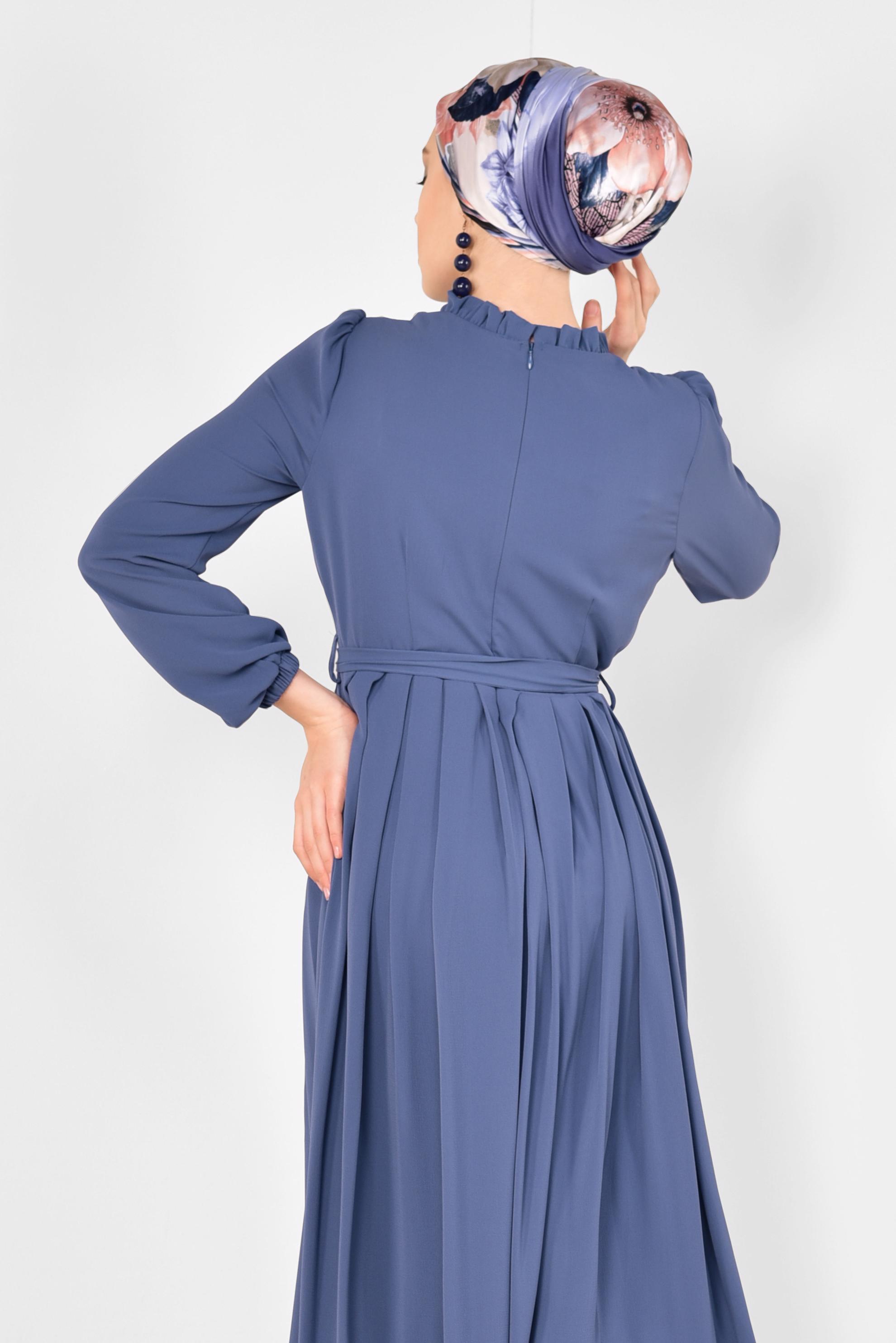 Tesettür giyim LACİVERT PİLİSELİ KUŞAKLI ELBİSE 4261
