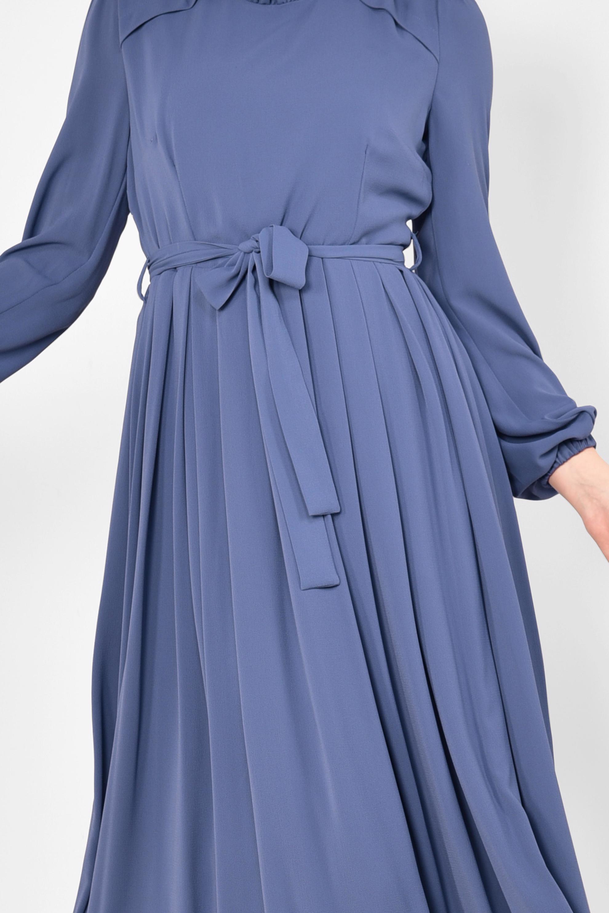 Tesettür giyim LACİVERT PİLİSELİ KUŞAKLI ELBİSE 4261