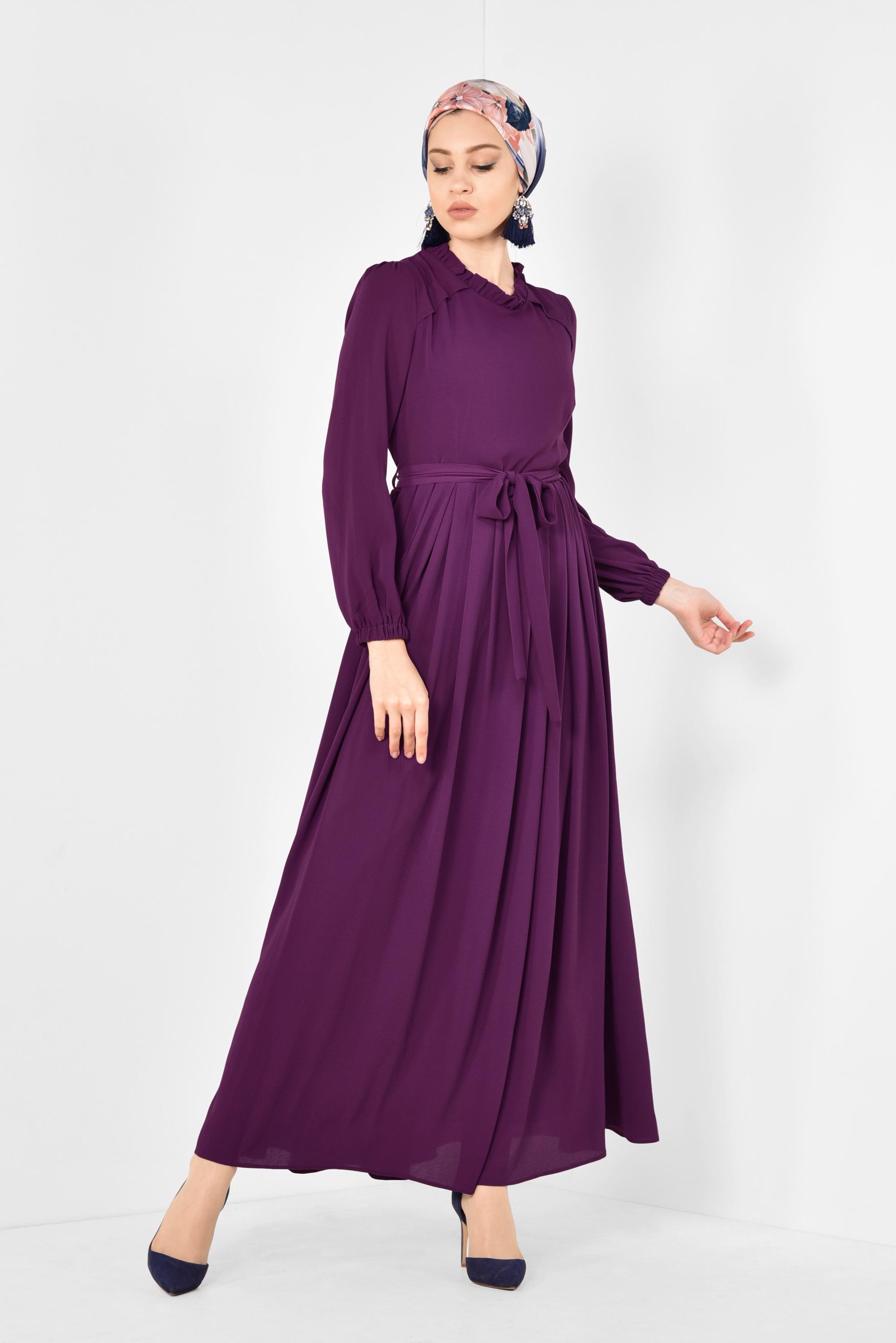 Tesettür giyim MOR PİLİSELİ KUŞAKLI ELBİSE 4261