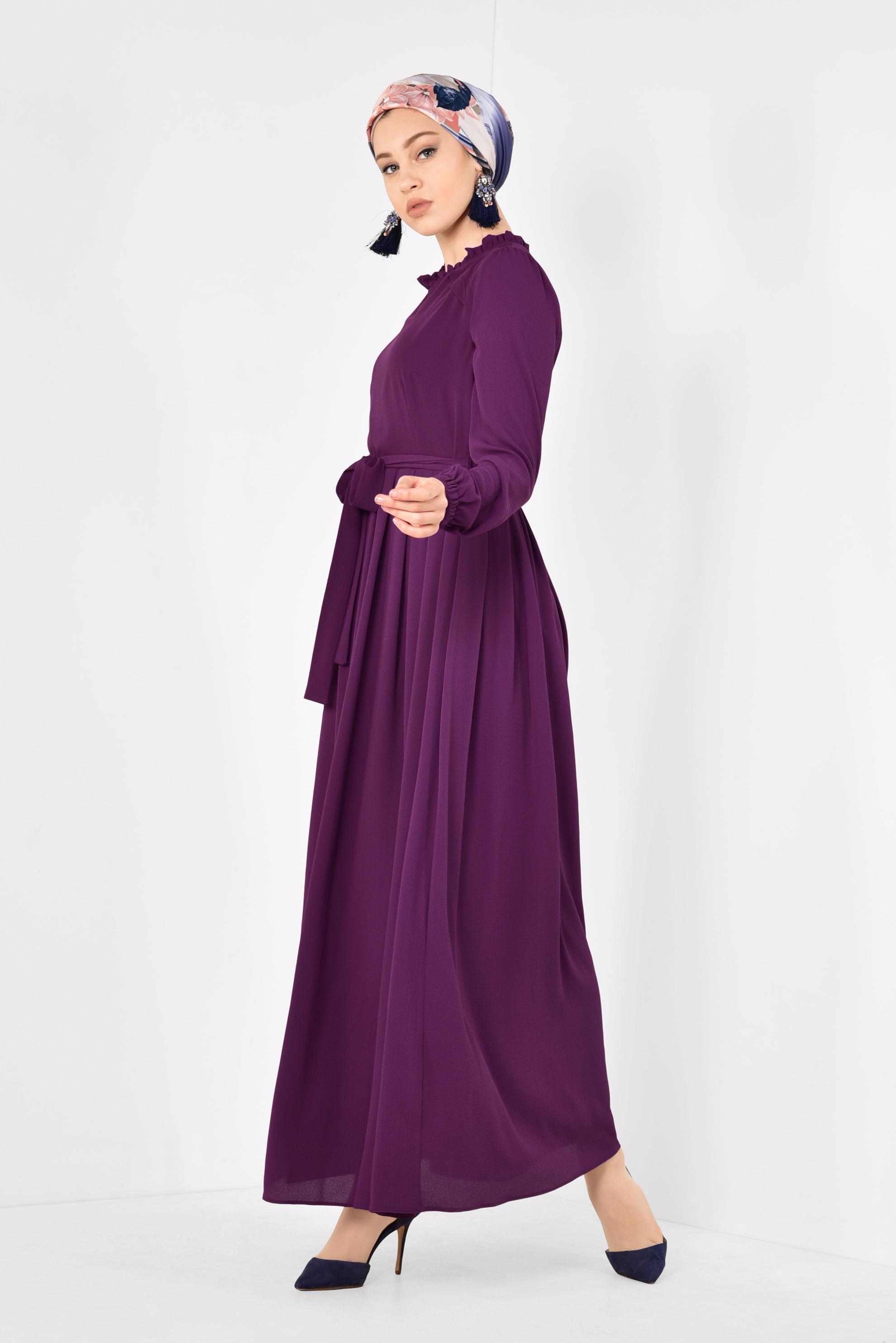 Tesettür giyim MOR PİLİSELİ KUŞAKLI ELBİSE 4261