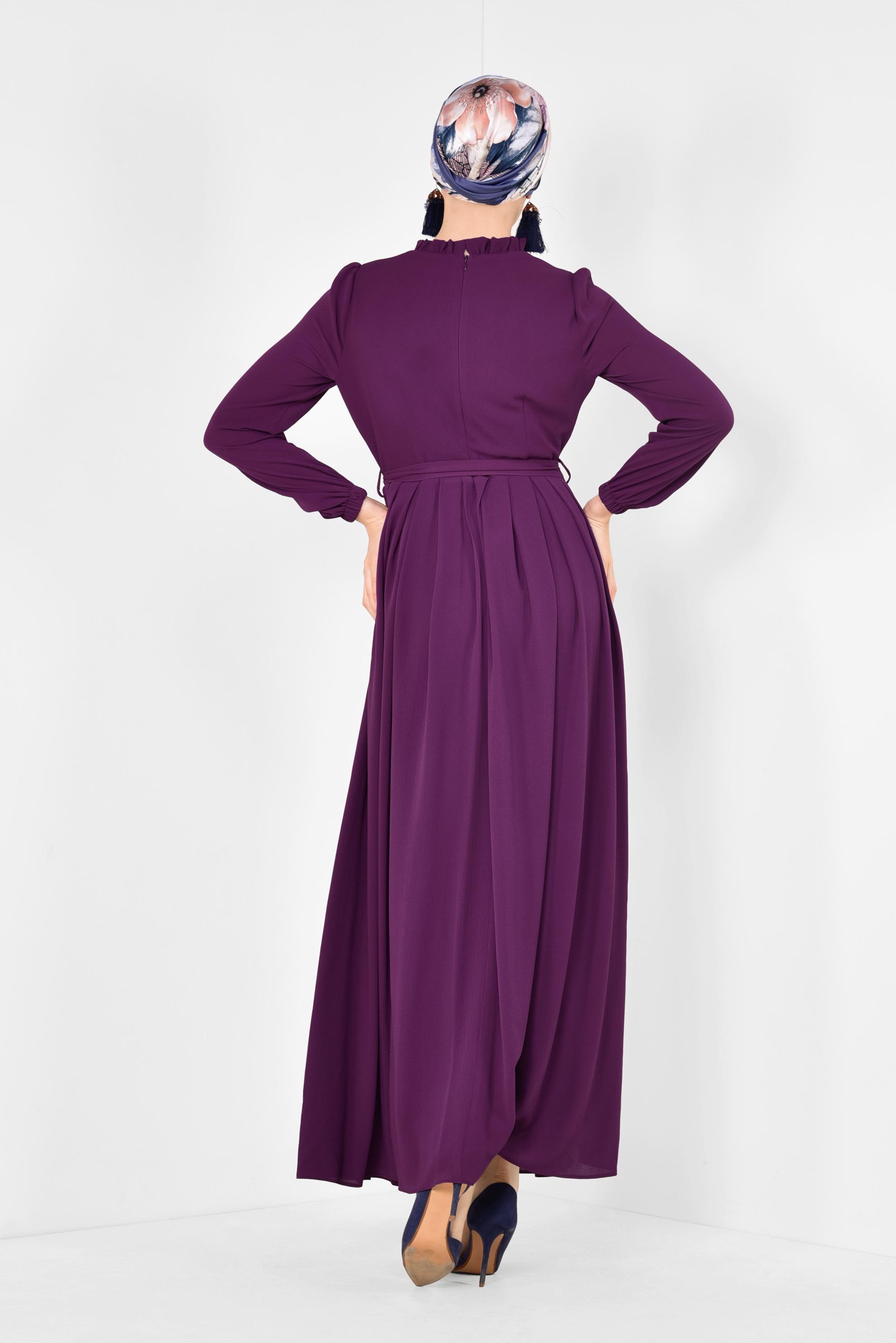 Tesettür giyim MOR PİLİSELİ KUŞAKLI ELBİSE 4261