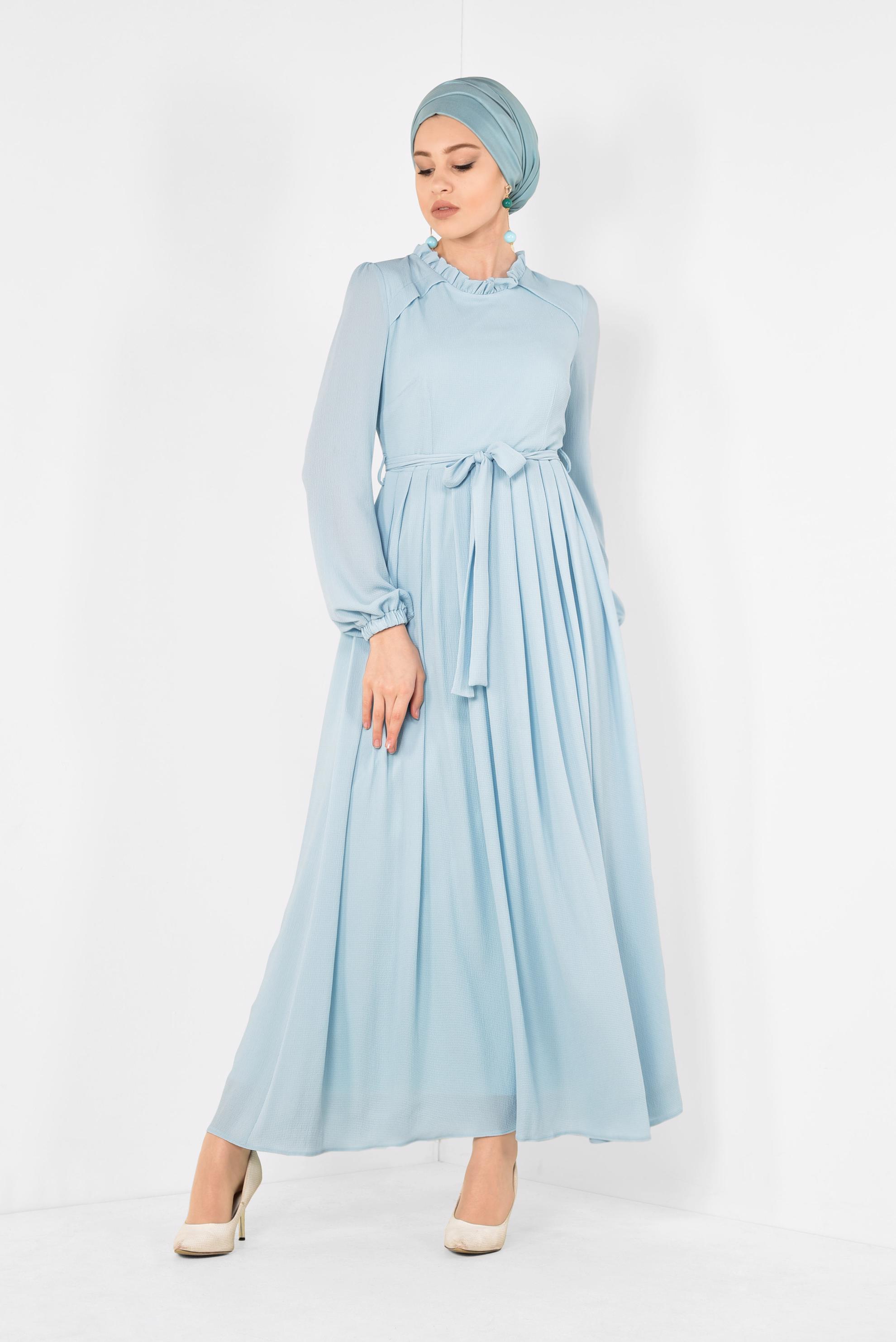 Tesettür giyim YEŞİL PİLİSELİ KUŞAKLI ELBİSE 4261