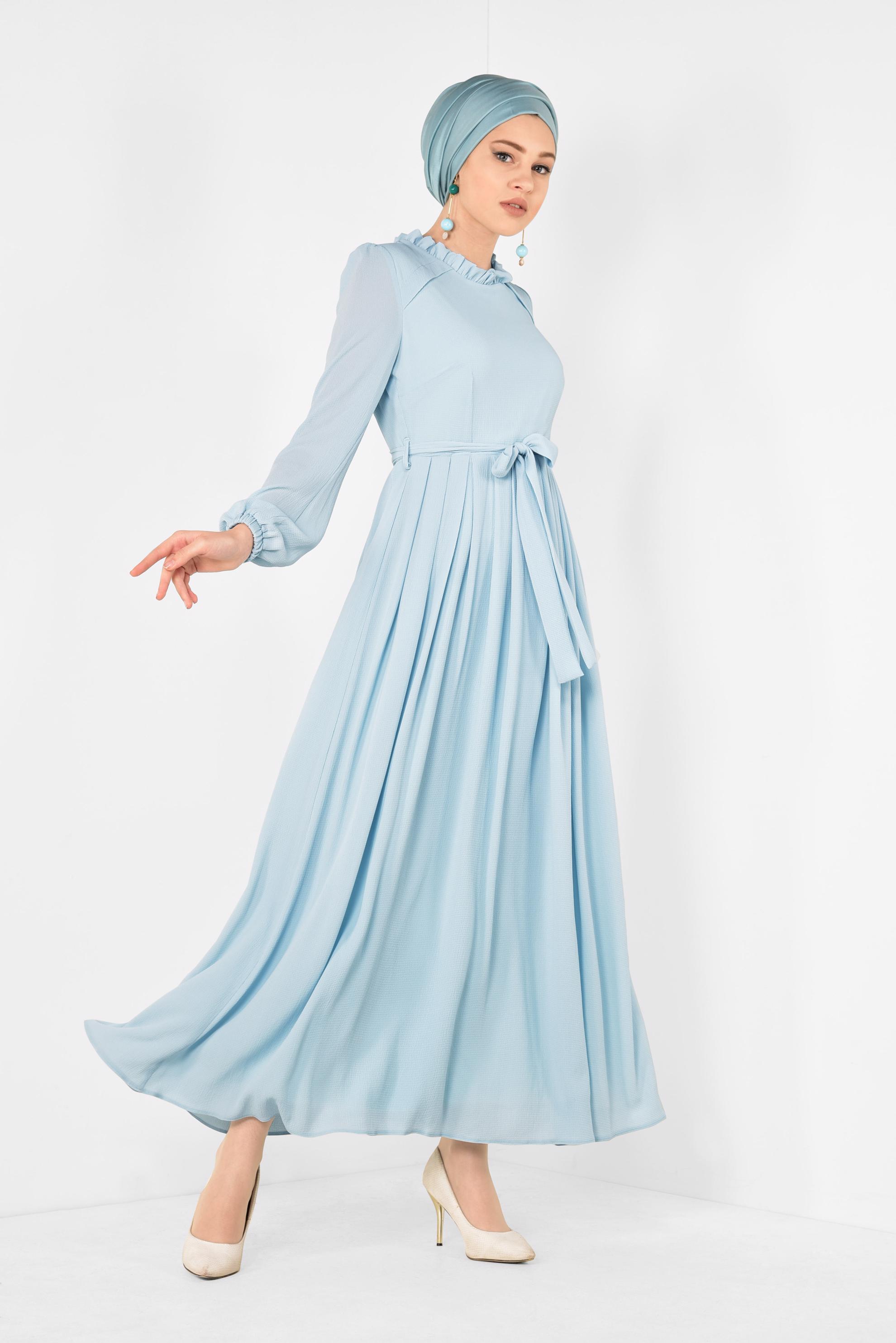 Tesettür giyim YEŞİL PİLİSELİ KUŞAKLI ELBİSE 4261