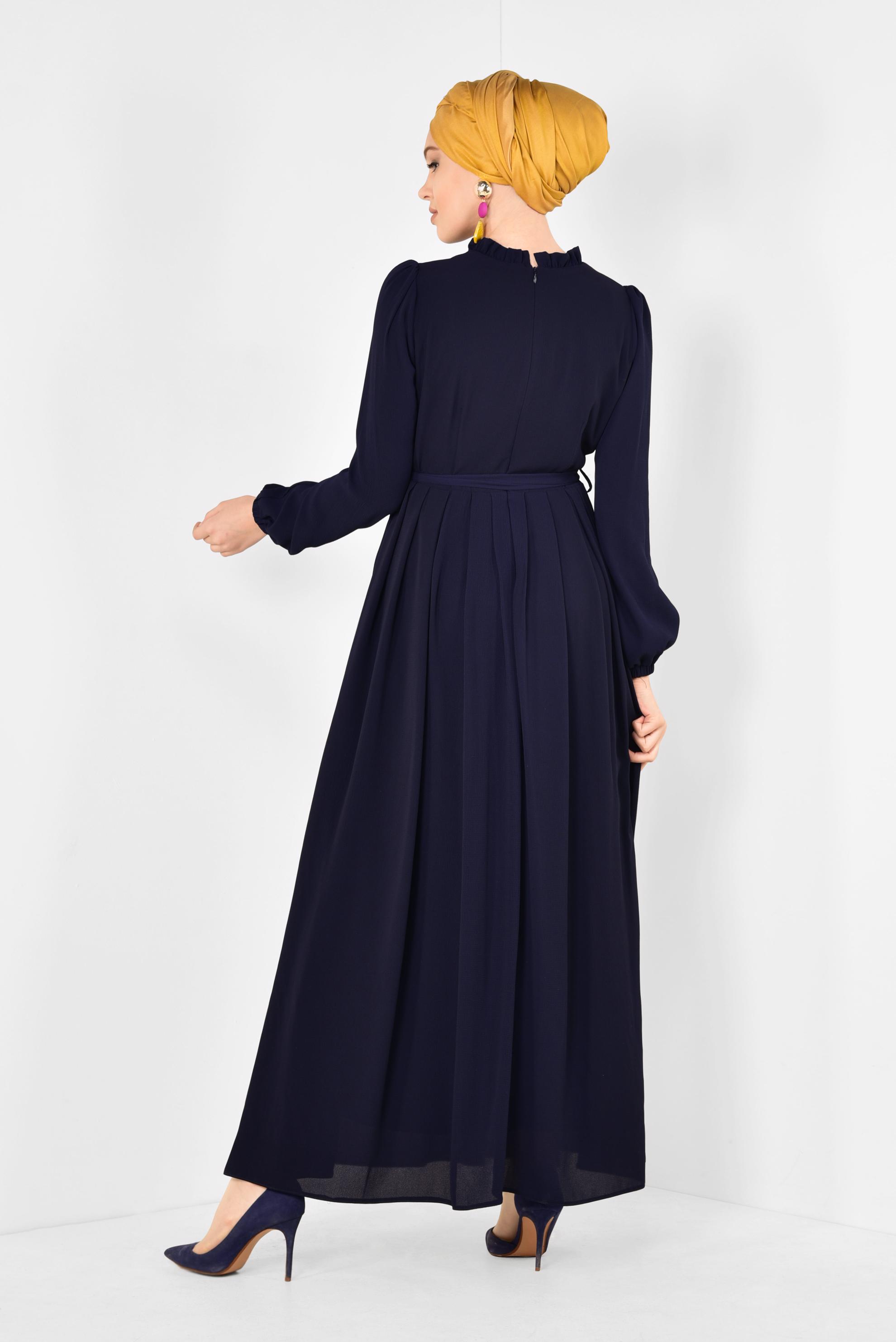 Tesettür giyim LACİVERT PİLİSELİ KUŞAKLI ELBİSE 4261