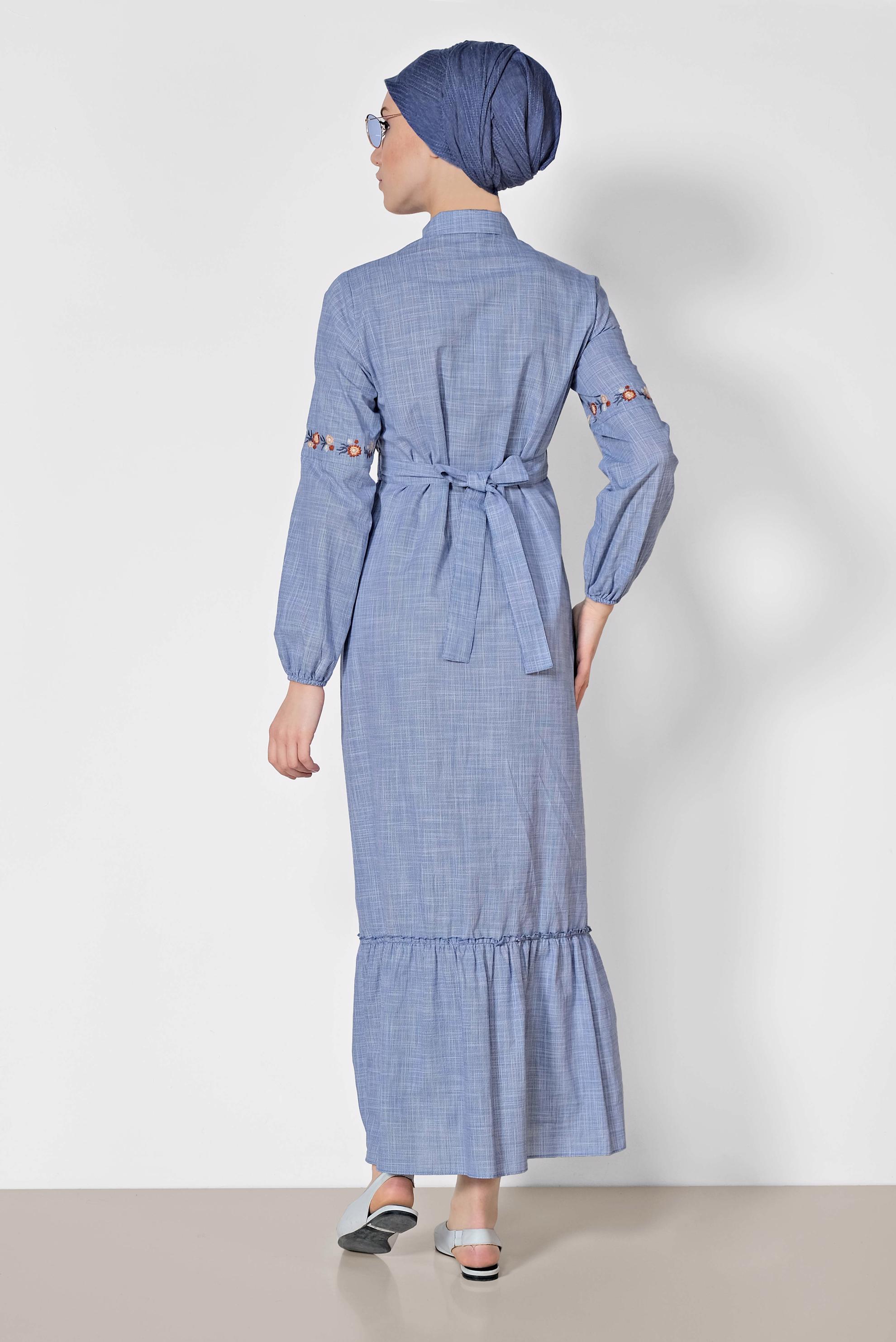 Tesettür giyim LACİVERT RENKLİ İŞLEMELİ PAMUKLU ELBİSE 4264