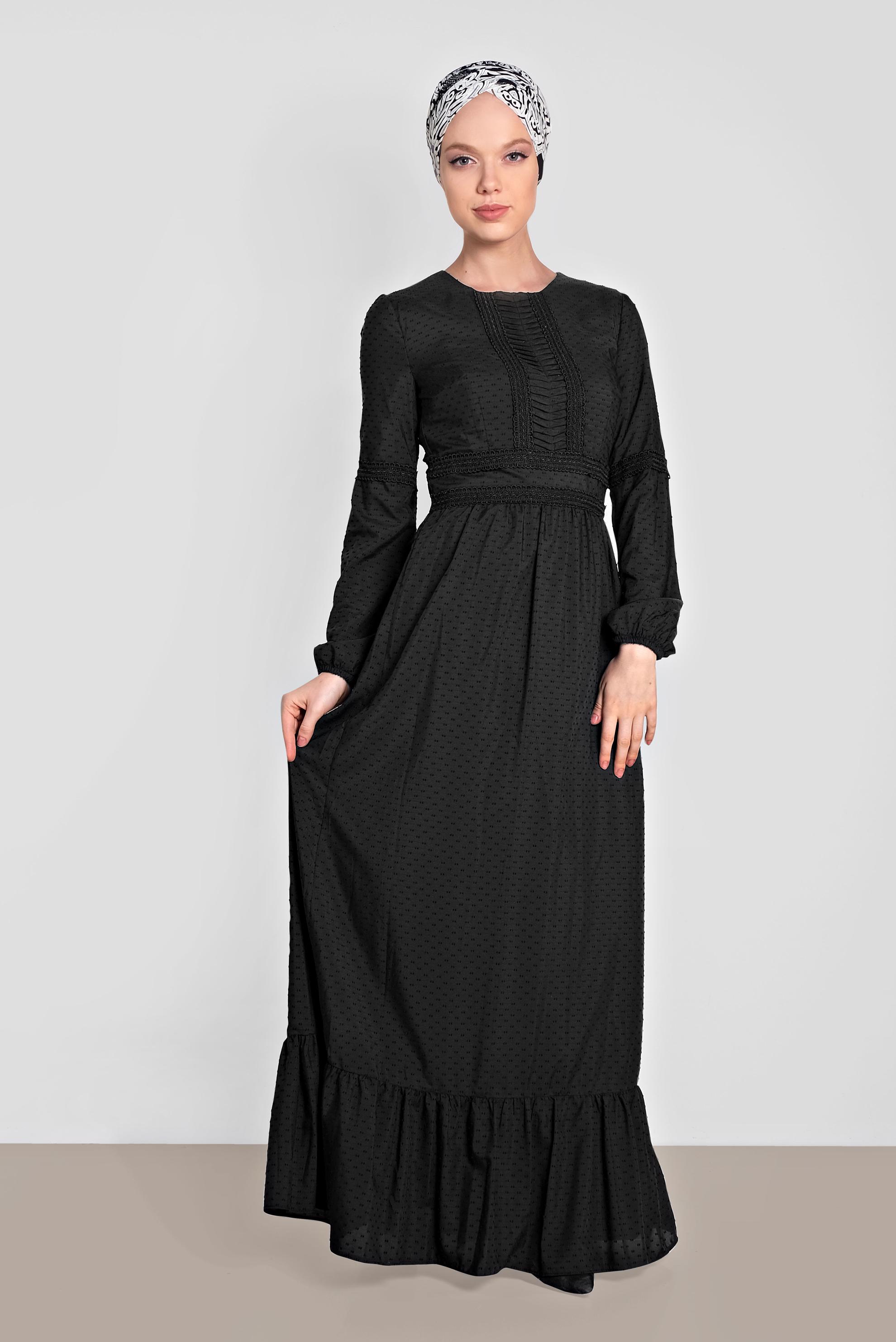 Tesettür giyim SİYAH BİLEKLERİ LASTİKLİ GÜPÜR DETAYLI ELBİSE 4278 