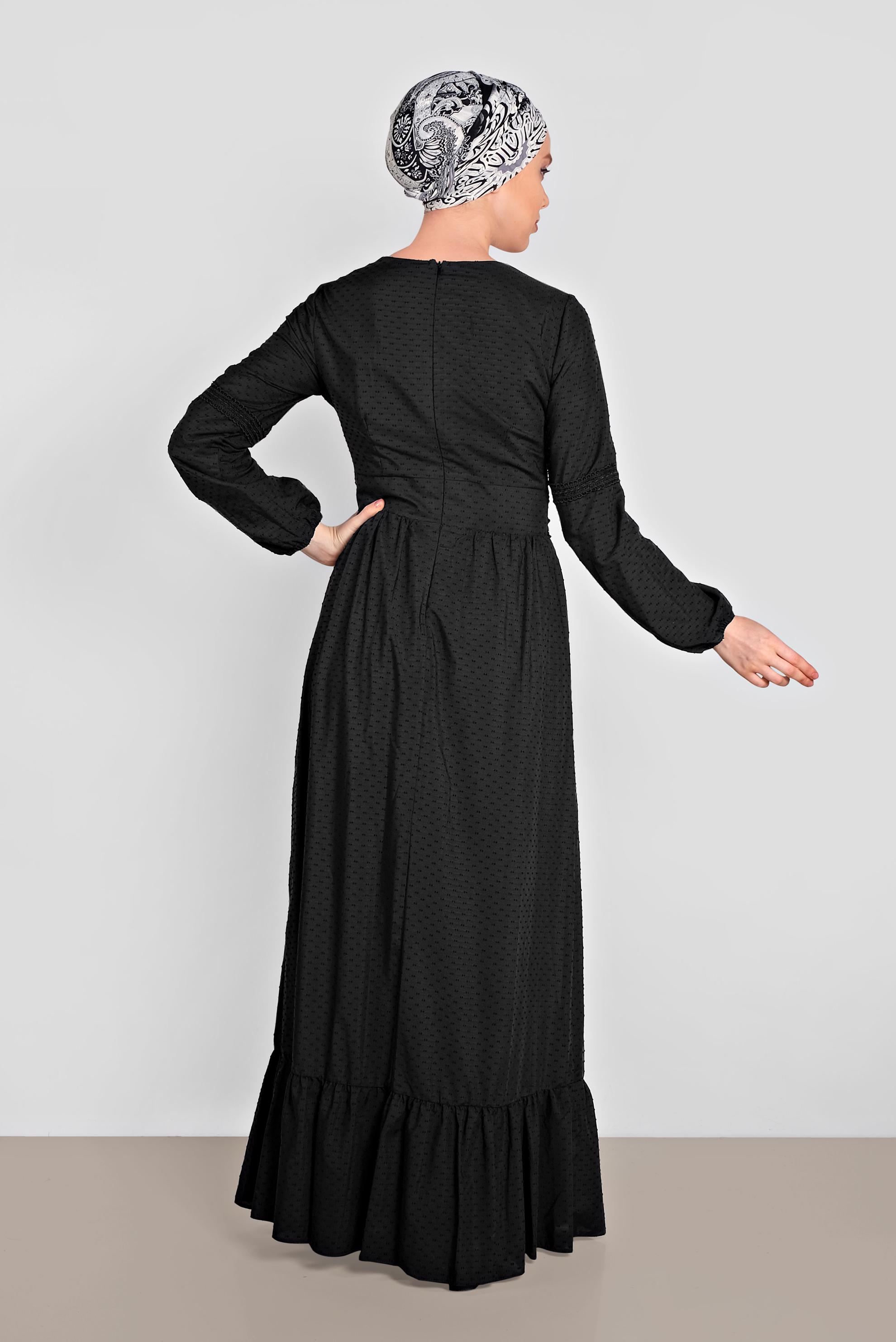 Tesettür giyim SİYAH BİLEKLERİ LASTİKLİ GÜPÜR DETAYLI ELBİSE 4278 