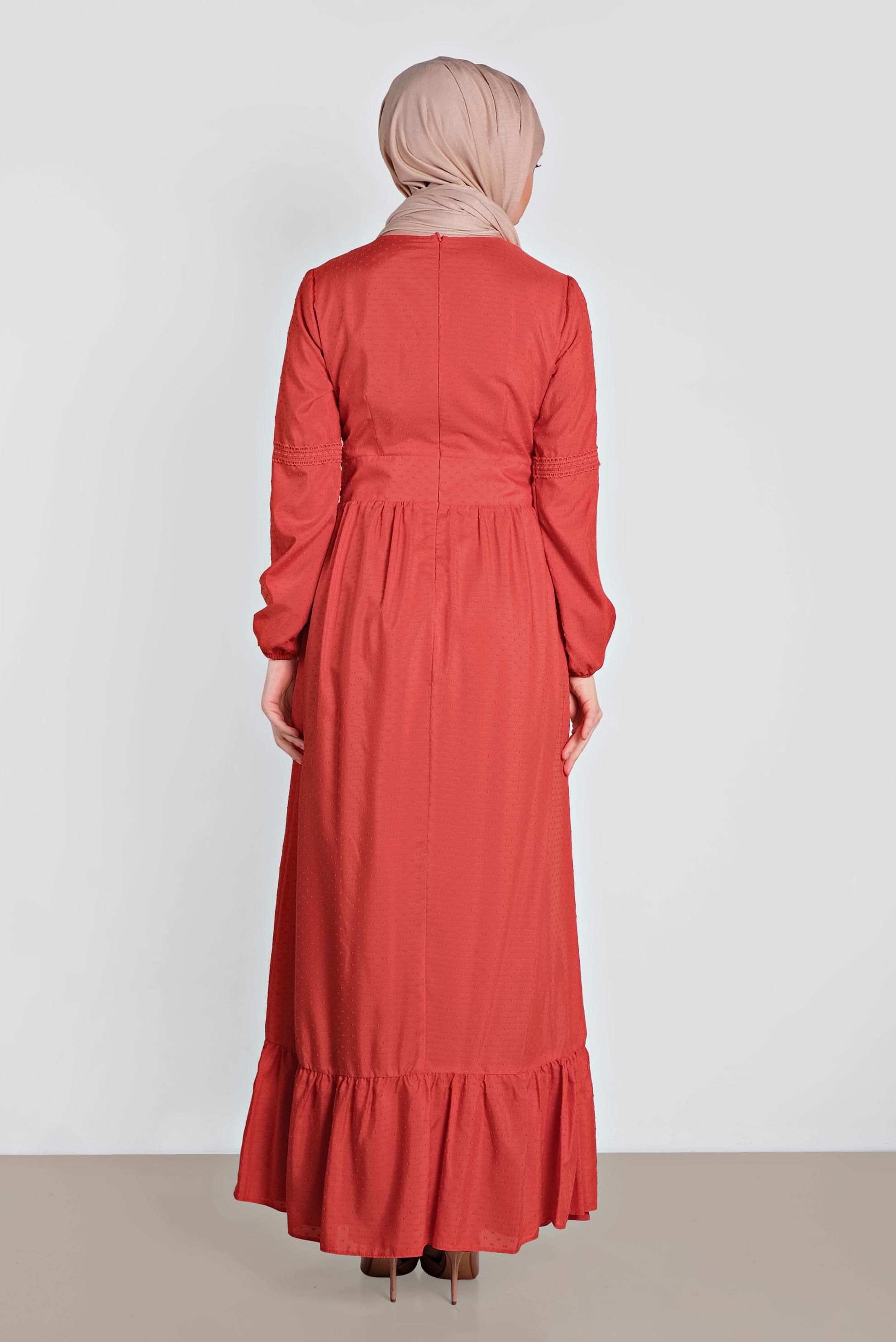 Tesettür giyim KIRMIZI BİLEKLERİ LASTİKLİ GÜPÜR DETAYLI ELBİSE 4278 