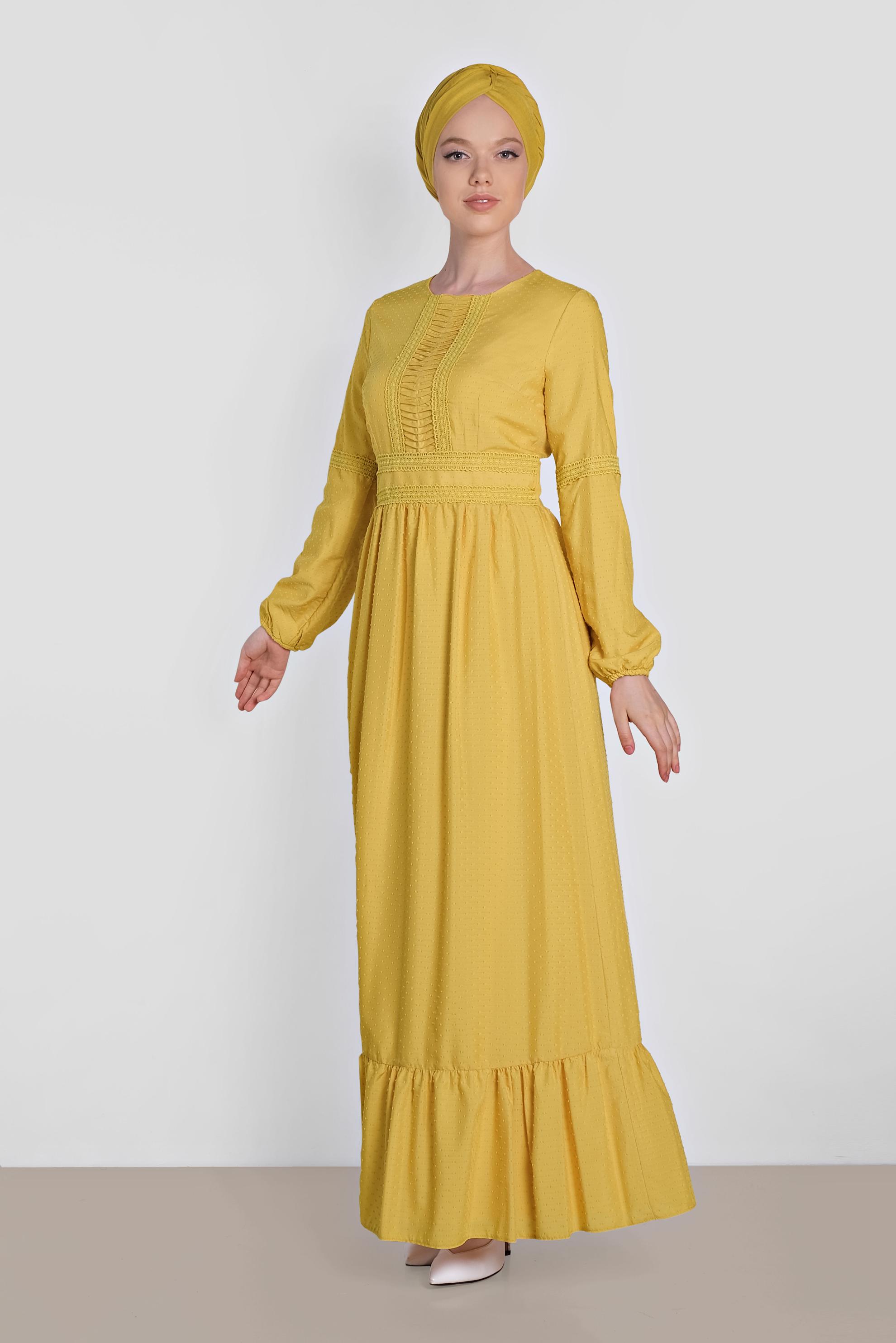 Tesettür giyim SARI BİLEKLERİ LASTİKLİ GÜPÜR DETAYLI ELBİSE 4278 