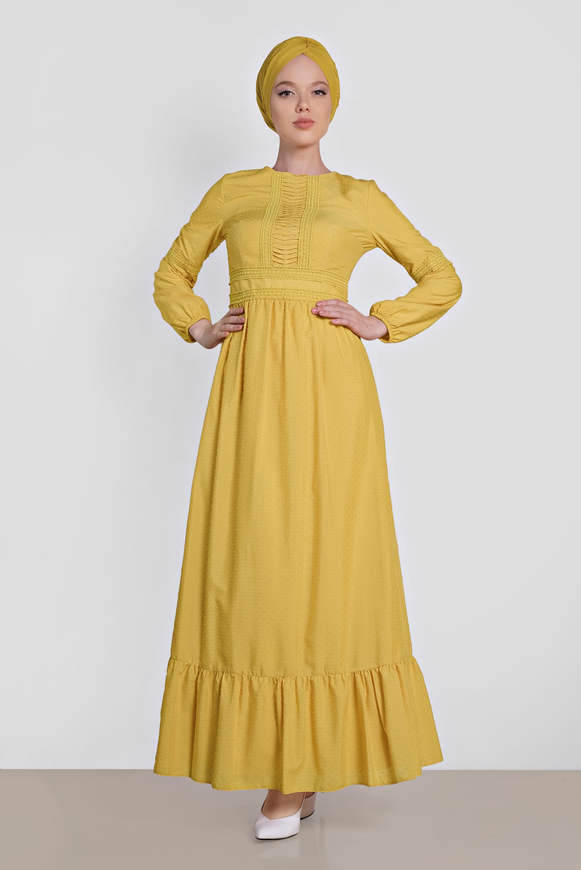 Tesettür giyim SARI BİLEKLERİ LASTİKLİ GÜPÜR DETAYLI ELBİSE 4278 