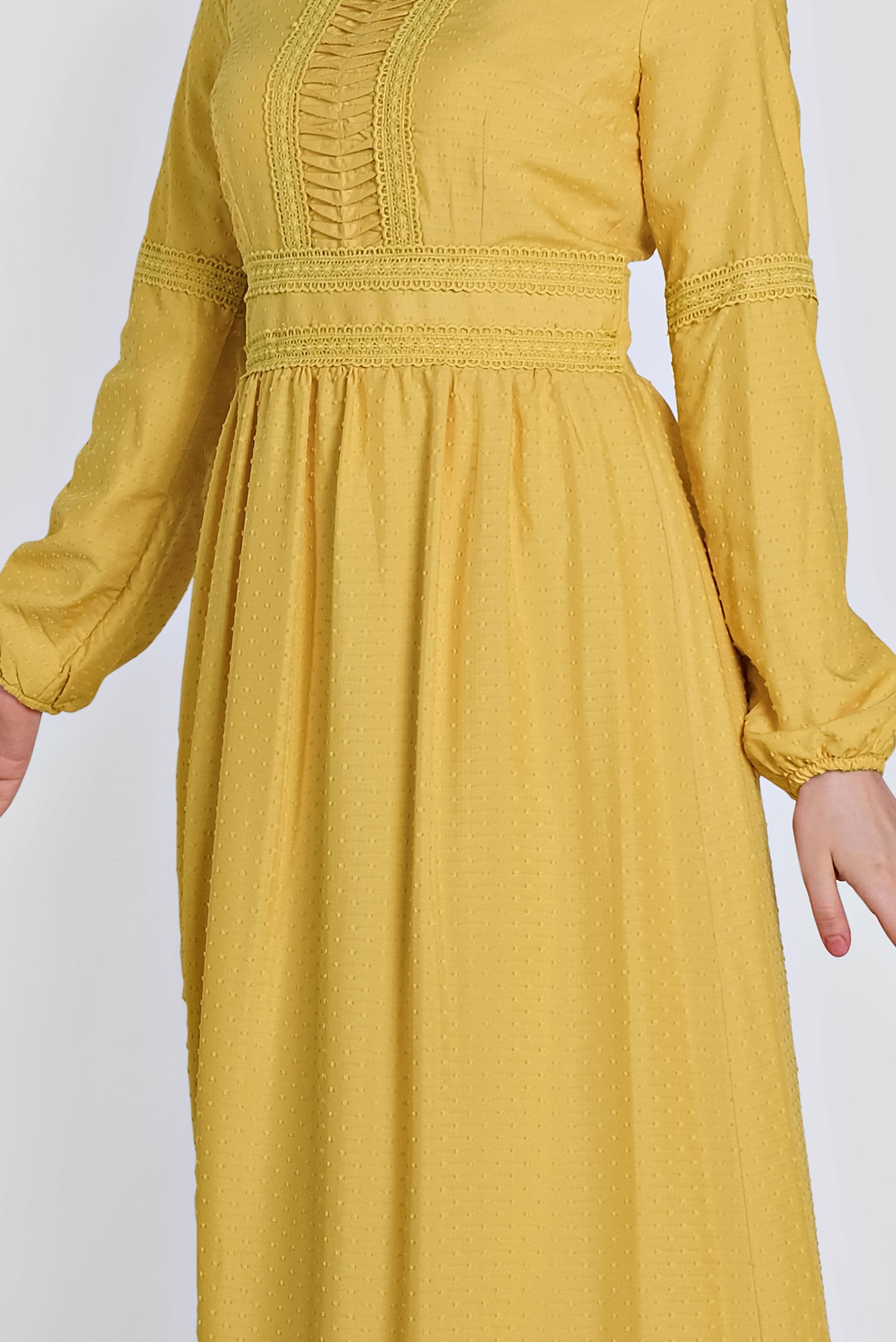 Tesettür giyim SARI BİLEKLERİ LASTİKLİ GÜPÜR DETAYLI ELBİSE 4278 