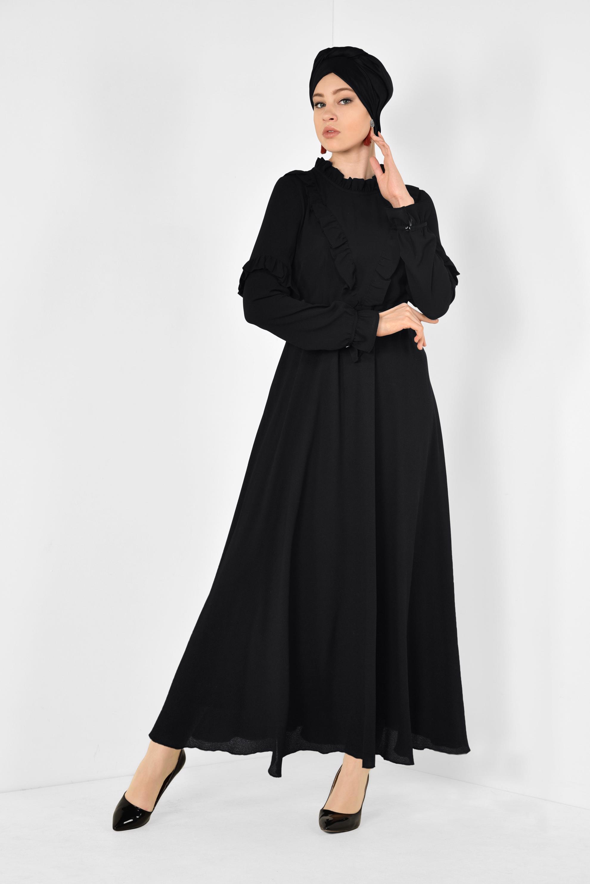 Tesettür giyim SİYAH YAKASI VE KOLLARI FIRFIRLI ŞİFON ELBİSE 4306 