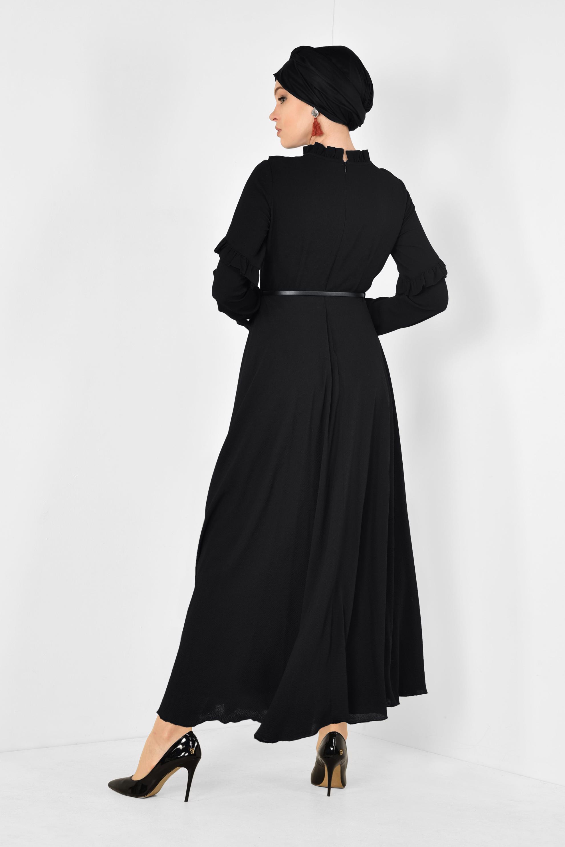 Tesettür giyim SİYAH YAKASI VE KOLLARI FIRFIRLI ŞİFON ELBİSE 4306 