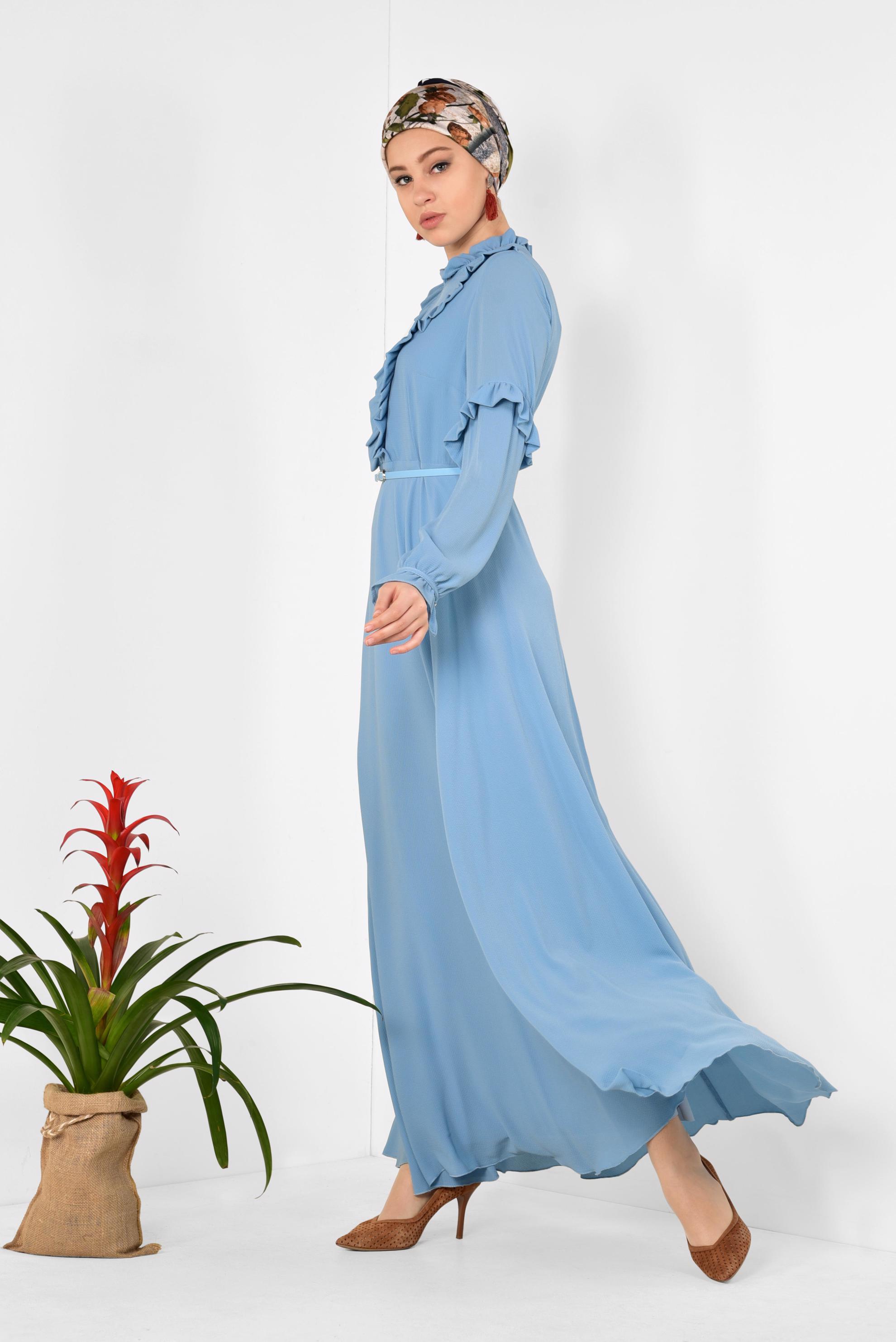 Tesettür giyim MAVİ YAKASI VE KOLLARI FIRFIRLI ŞİFON ELBİSE 4306 