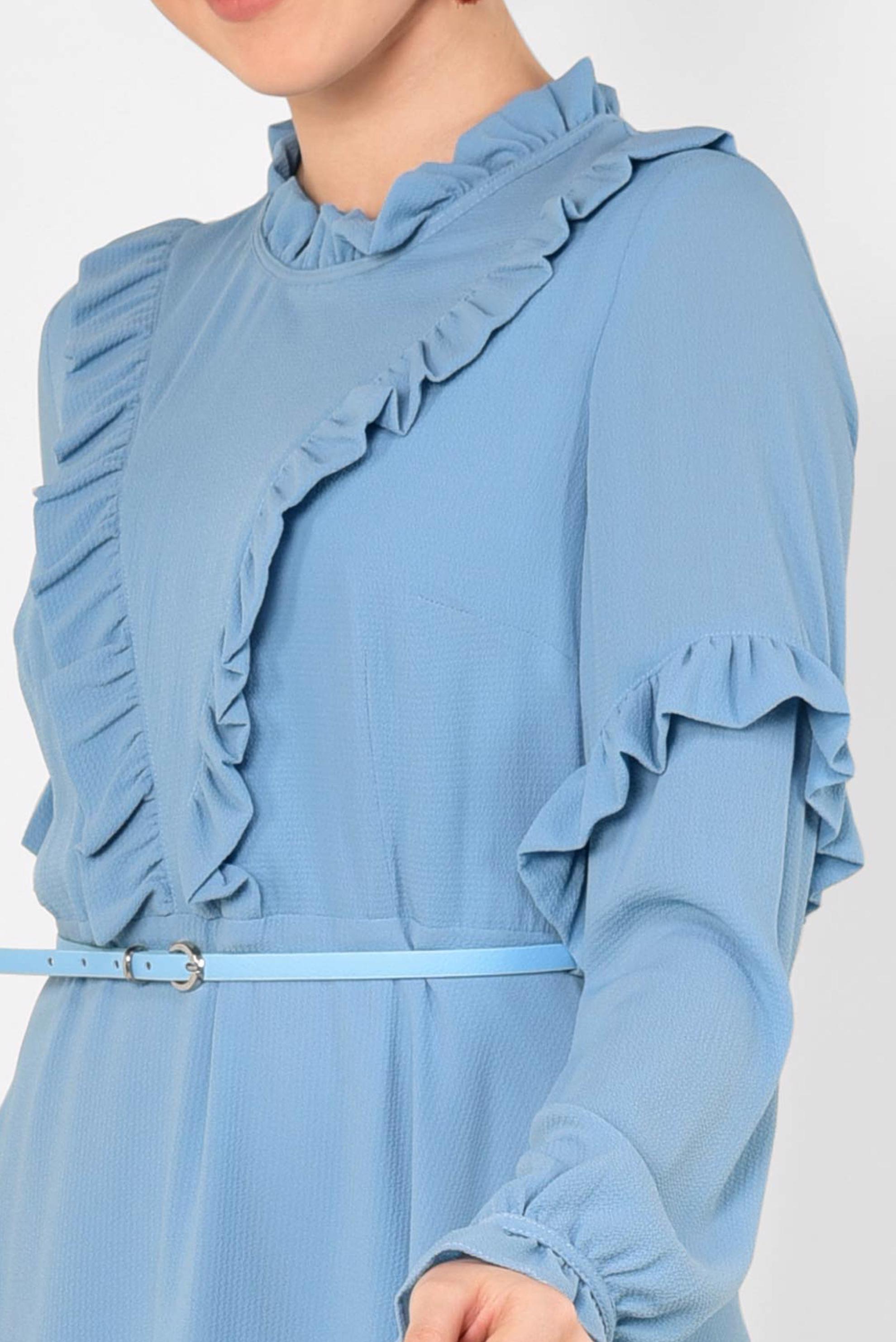 Tesettür giyim MAVİ YAKASI VE KOLLARI FIRFIRLI ŞİFON ELBİSE 4306 