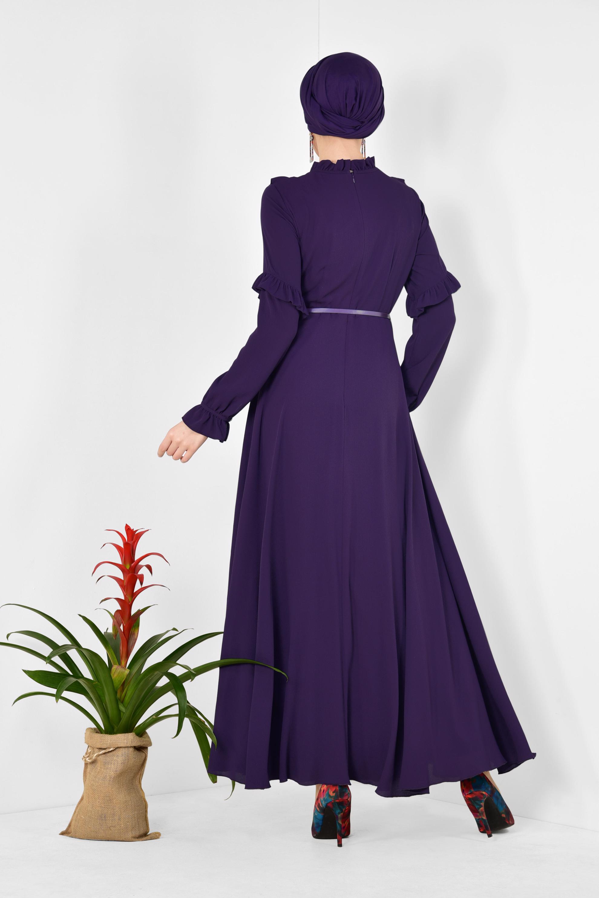 Tesettür giyim MOR YAKASI VE KOLLARI FIRFIRLI ŞİFON ELBİSE 4306 