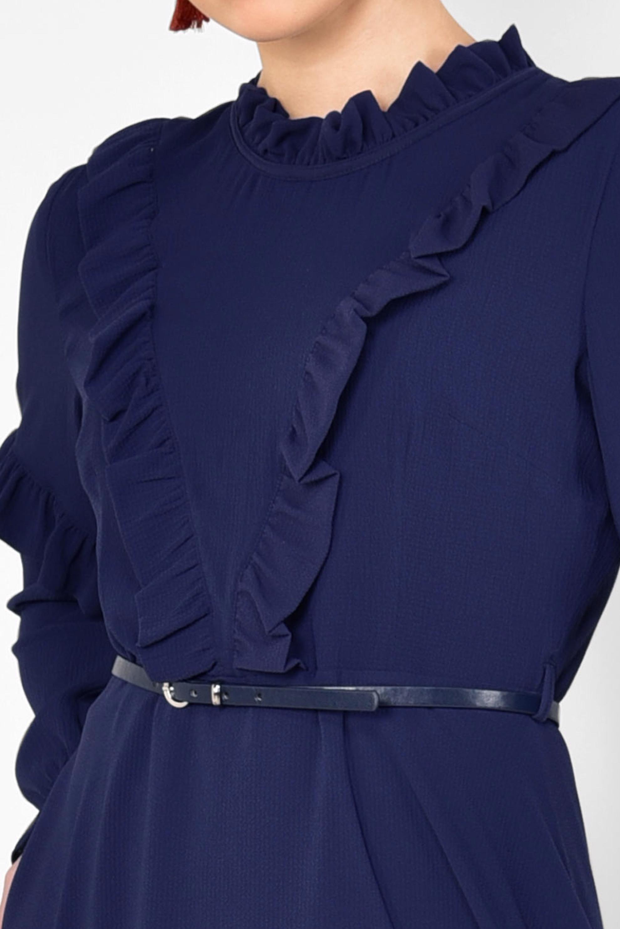 Tesettür giyim LACİVERT YAKASI VE KOLLARI FIRFIRLI ŞİFON ELBİSE 4306 