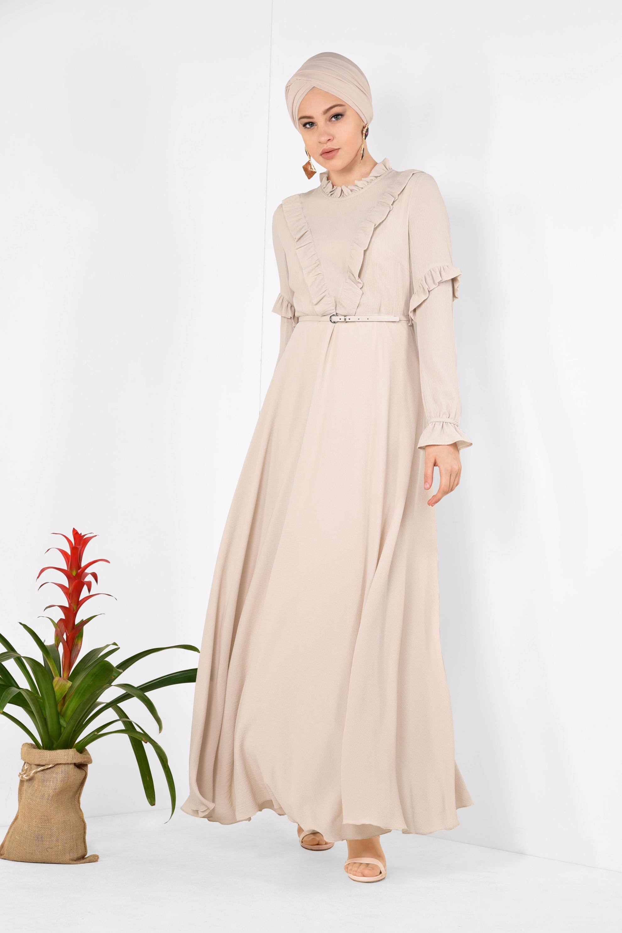 Tesettür giyim EKRU YAKASI VE KOLLARI FIRFIRLI ŞİFON ELBİSE 4306 