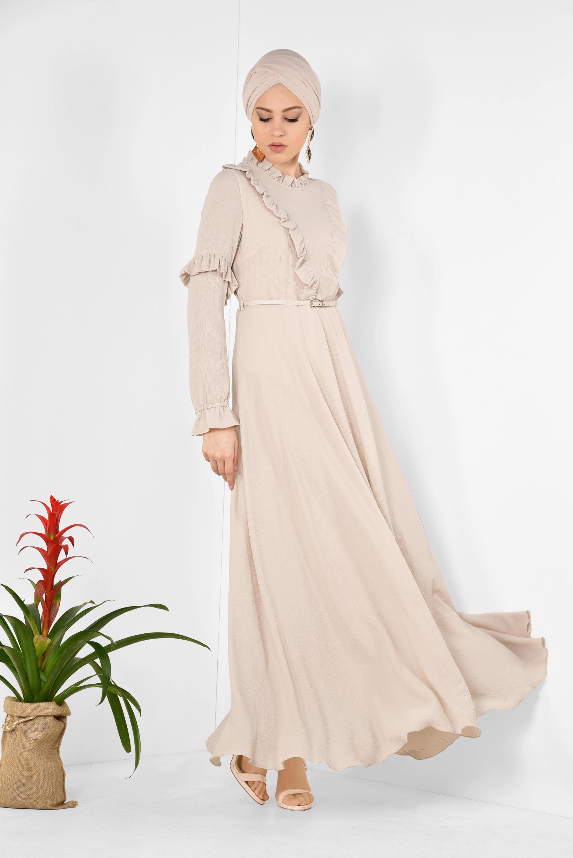 Tesettür giyim EKRU YAKASI VE KOLLARI FIRFIRLI ŞİFON ELBİSE 4306 