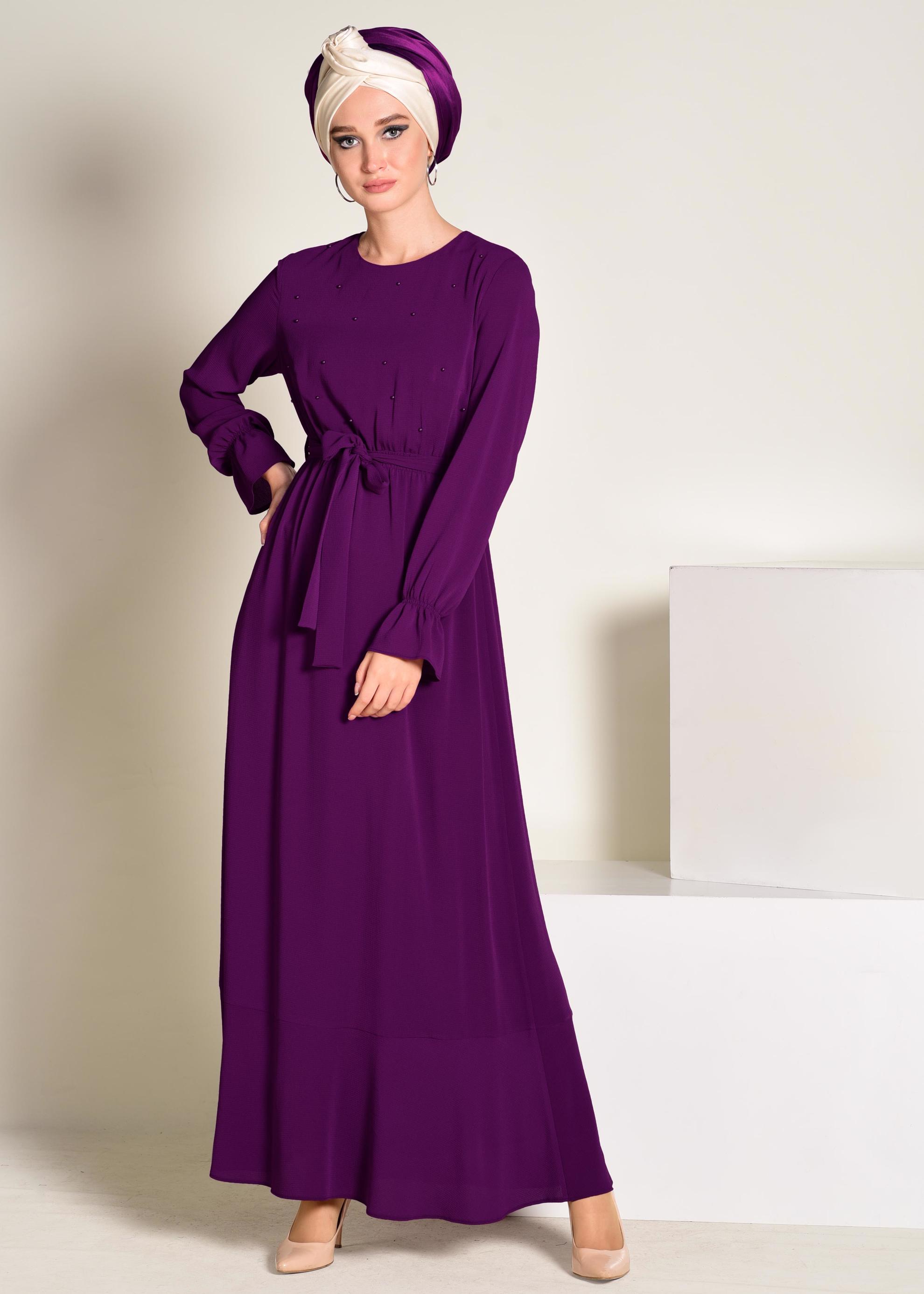 Tesettür giyim FUŞYA BELDEN KUŞAKLI İNCİLİ ELBİSE 4309