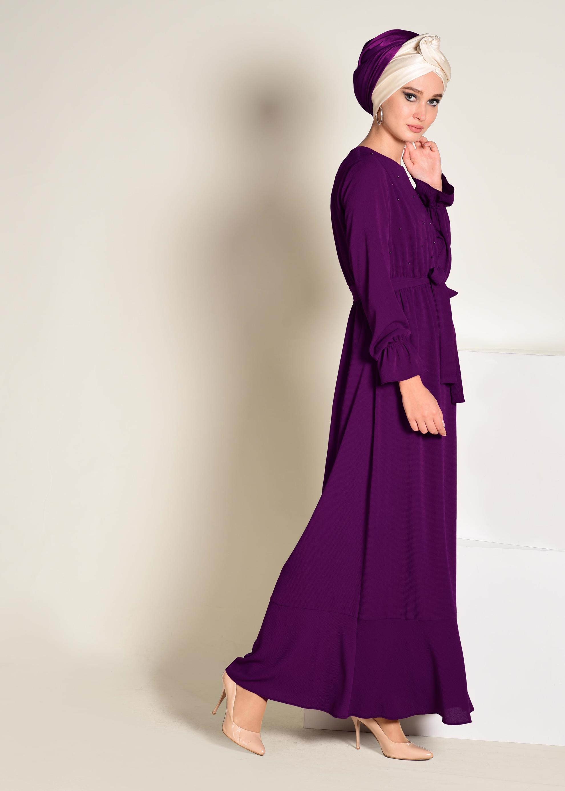 Tesettür giyim FUŞYA BELDEN KUŞAKLI İNCİLİ ELBİSE 4309