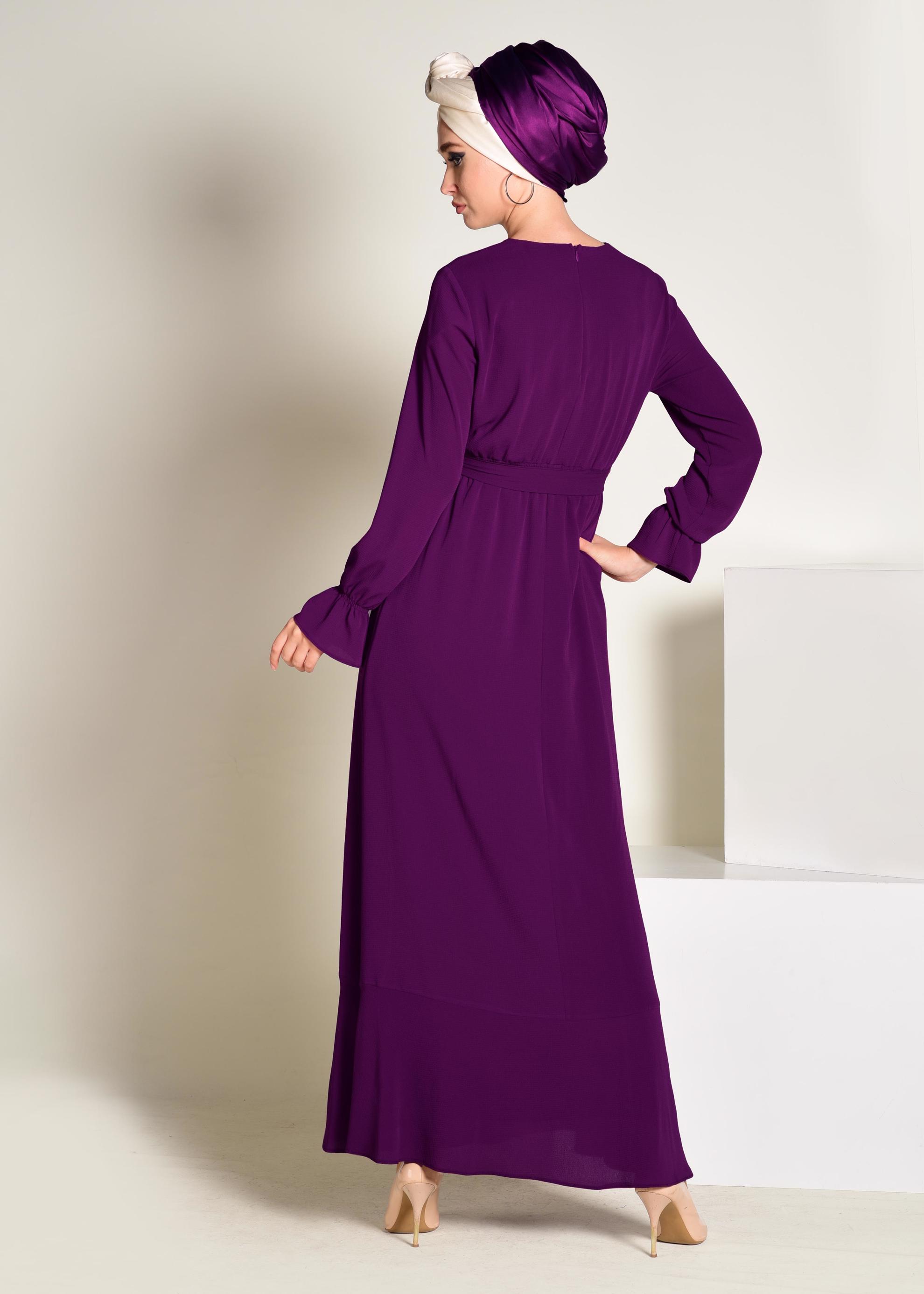 Tesettür giyim FUŞYA BELDEN KUŞAKLI İNCİLİ ELBİSE 4309