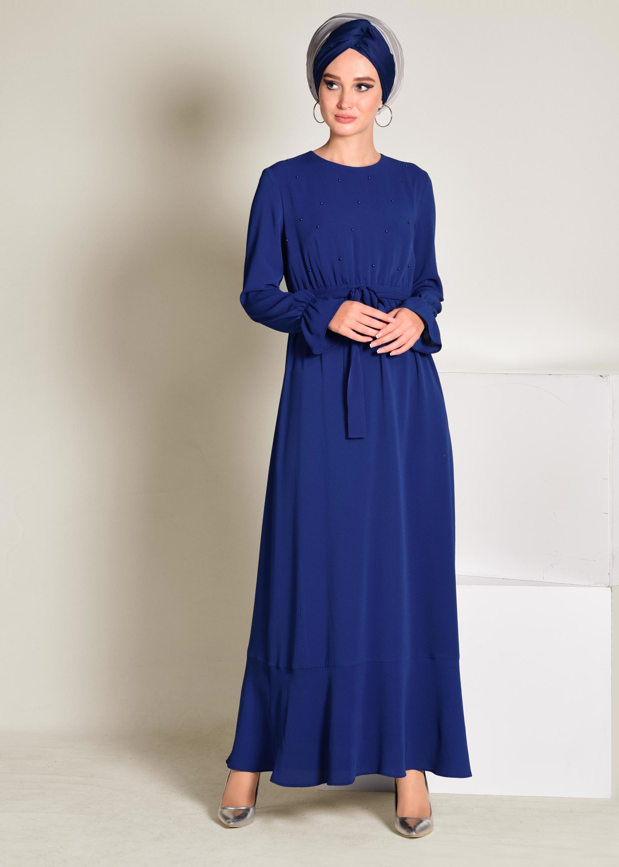Hijab clothing NAVY BLUE Pearl Detail Belted Dress 4309 