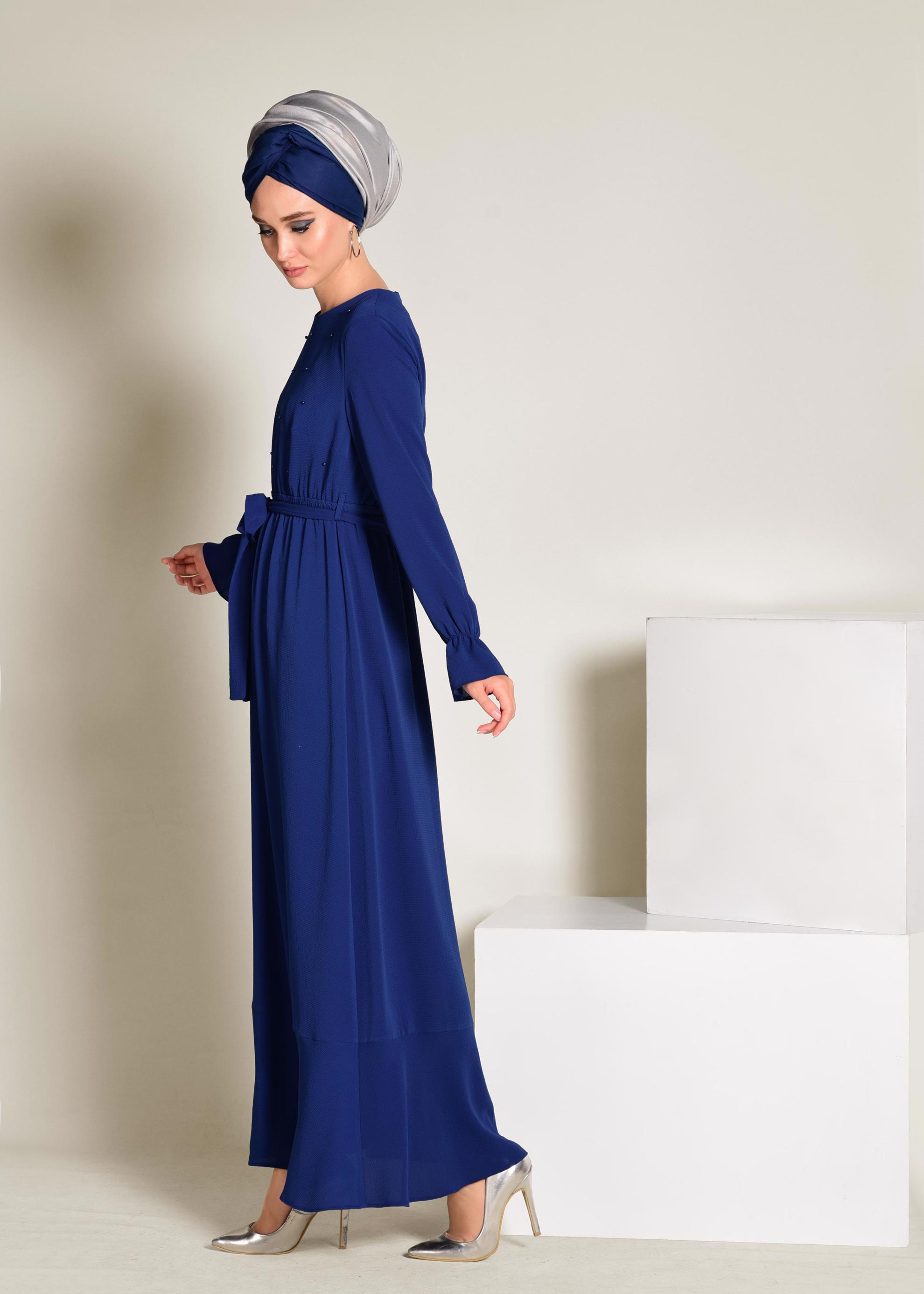 Hijab clothing NAVY BLUE Pearl Detail Belted Dress 4309 